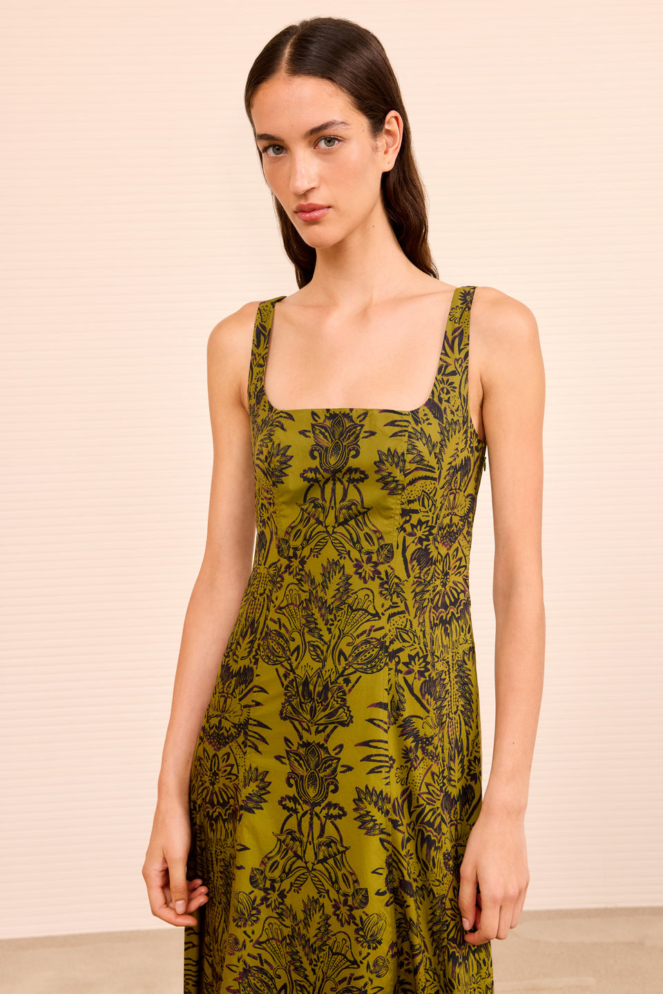 Natali Tank A-Line Dress - Olive Flora