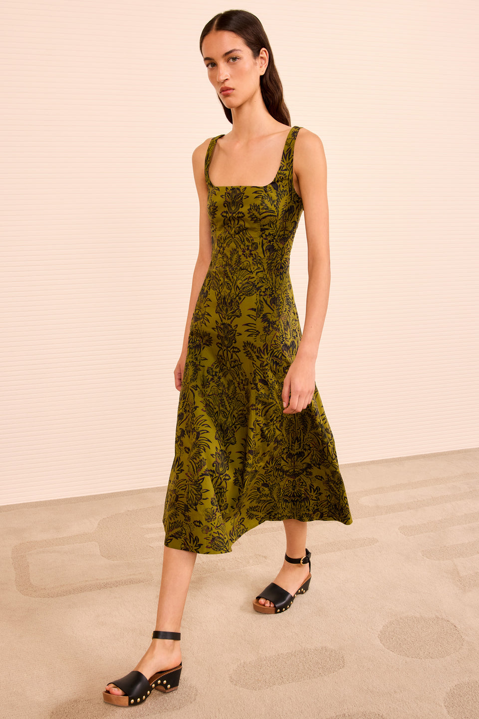 Natali Tank A-Line Dress - Olive Flora