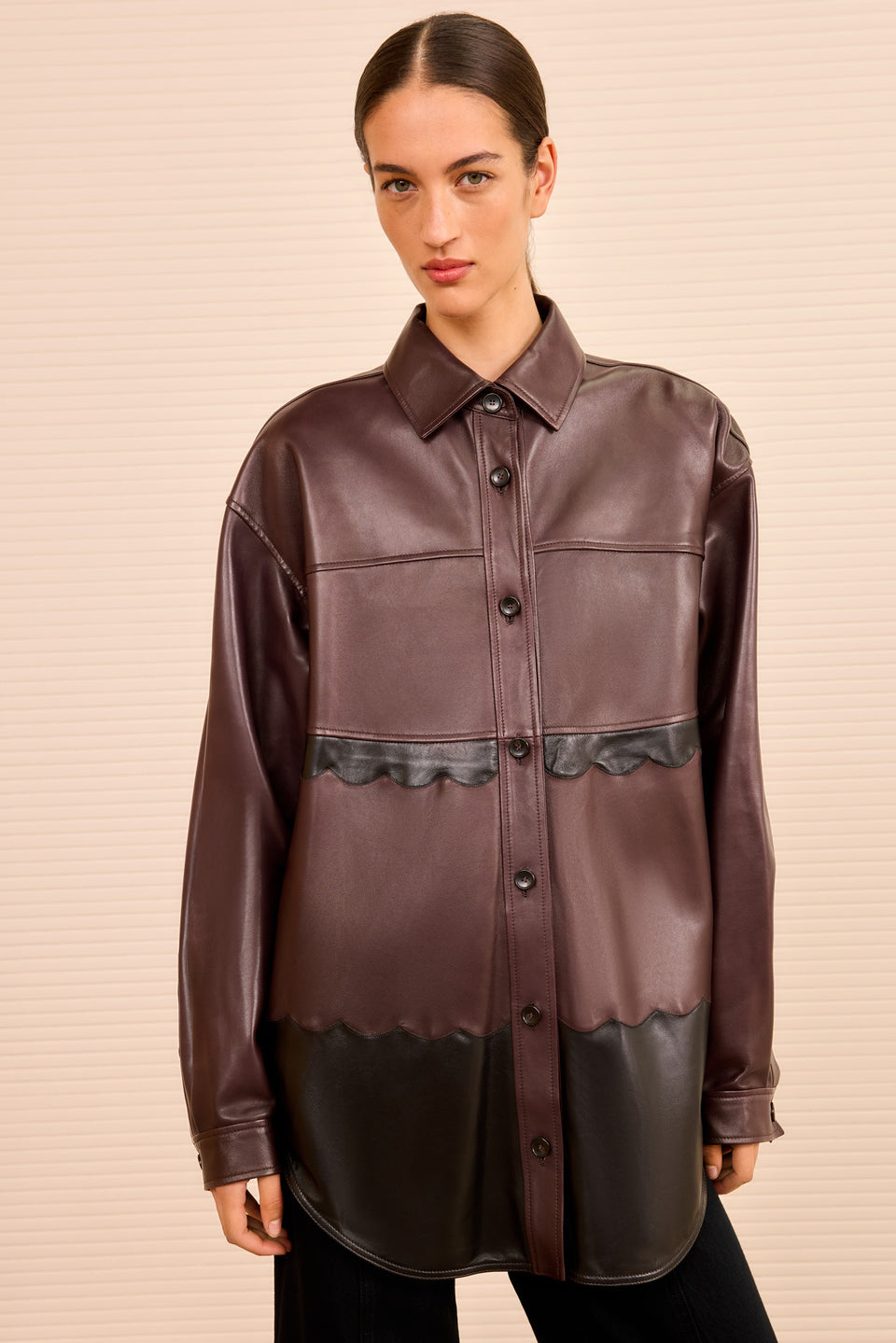 Neveah Cropped Leather Jacket - Mahogany Colorblock