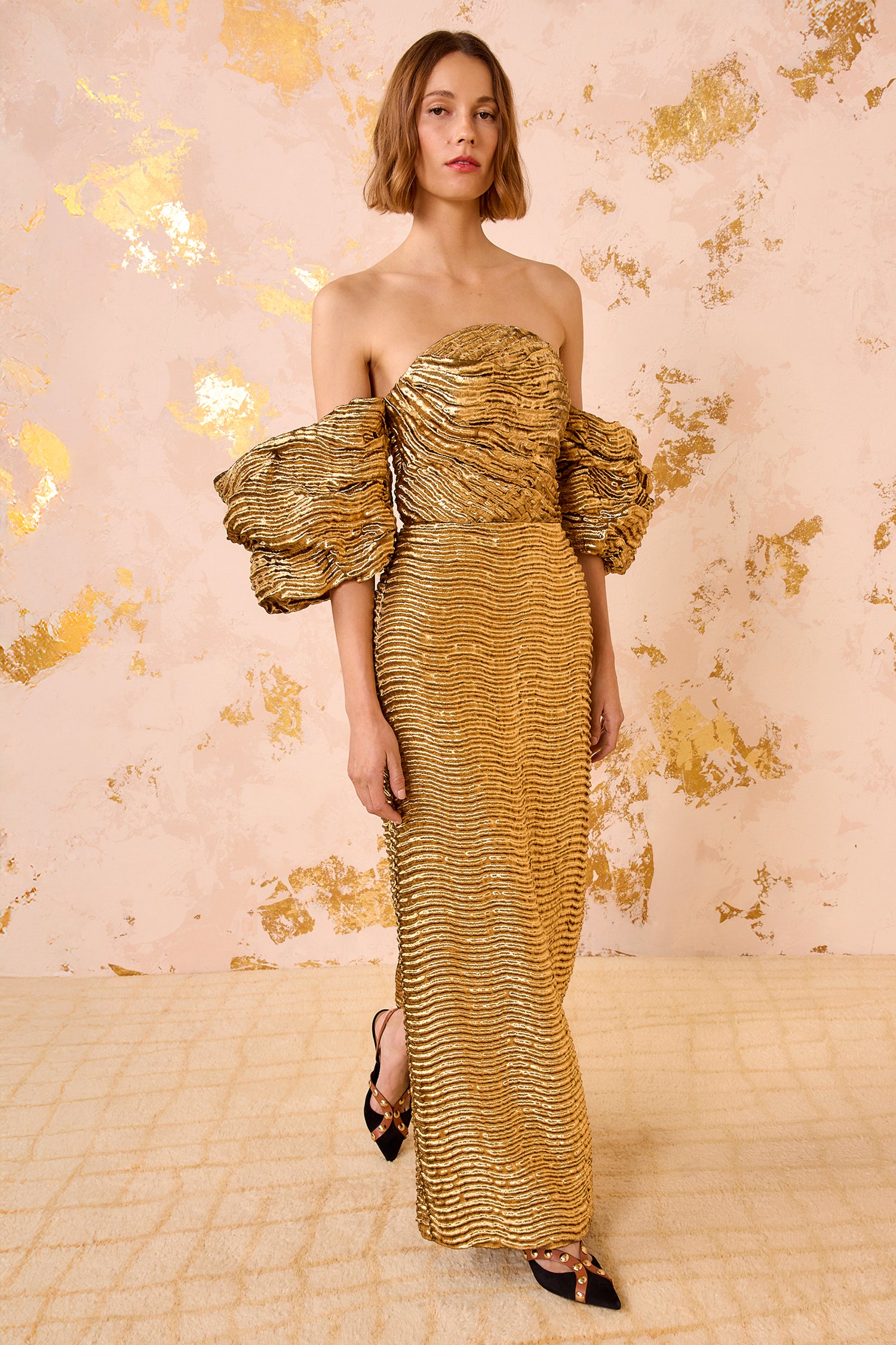 Nisha Metallic Draped Sleeve Gown - Oro Gold Strapless Metallic Puff Sleeve  Gown