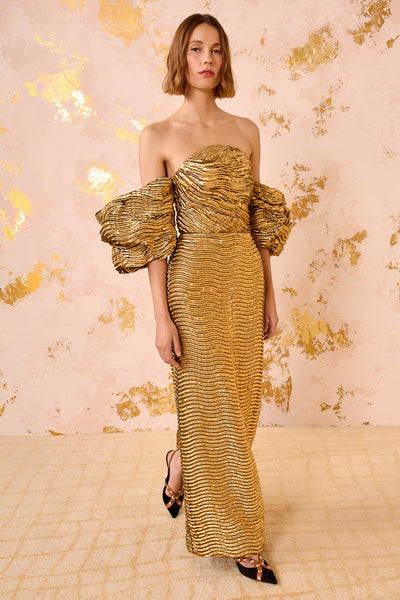 Nisha Metallic Draped Sleeve Gown - Oro Gold Strapless Metallic Puff Sleeve Gown - Ulla Johnson Nisha Metallic Draped Sleeve Gown - Oro Gold Strapless Metallic Puff Sleeve Gown - Ulla Johnson
