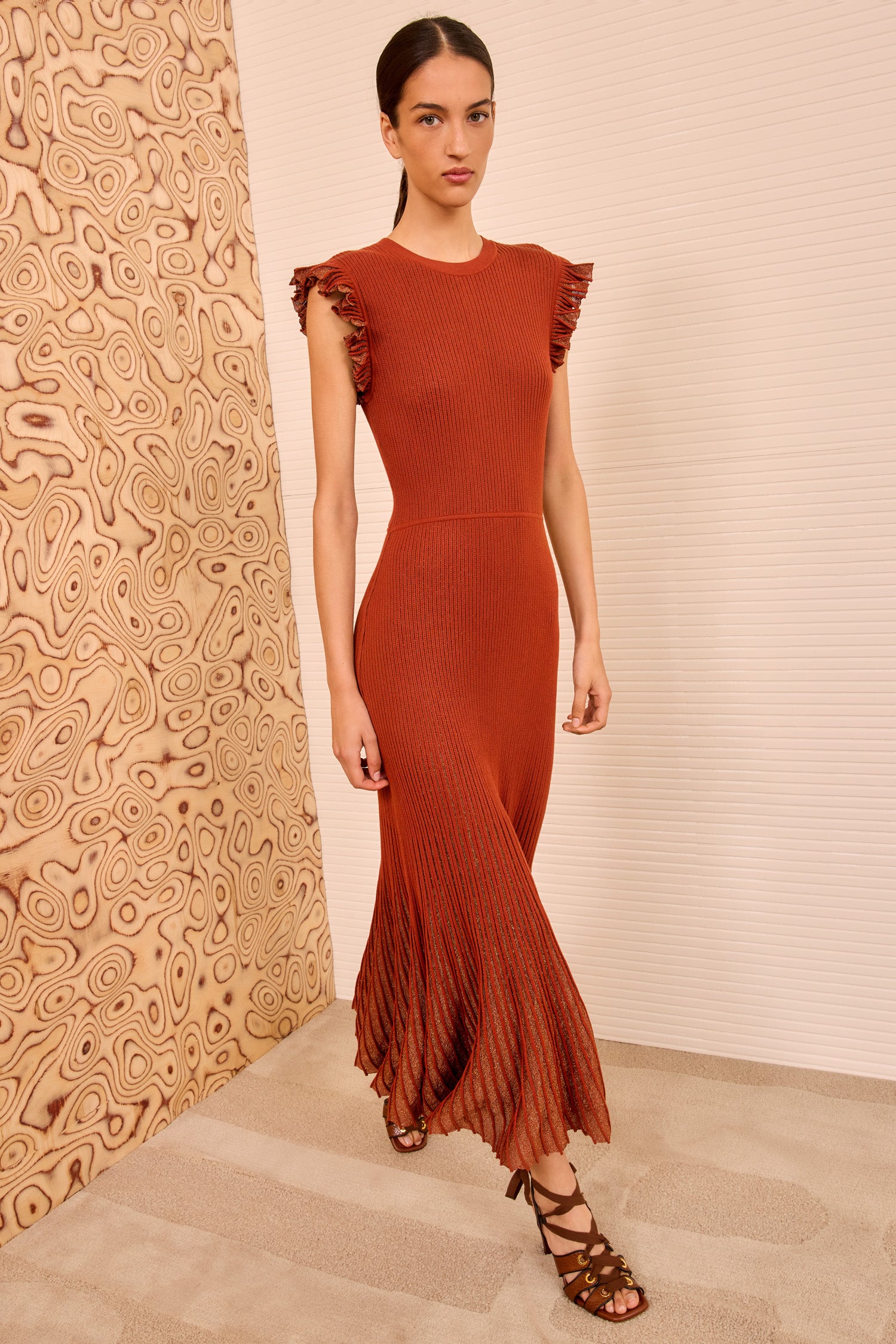 Ulla Johnson Copper Designer Knit Midi Dress On Model Front View - Noelle Lurex Hem | Ulla Johnson