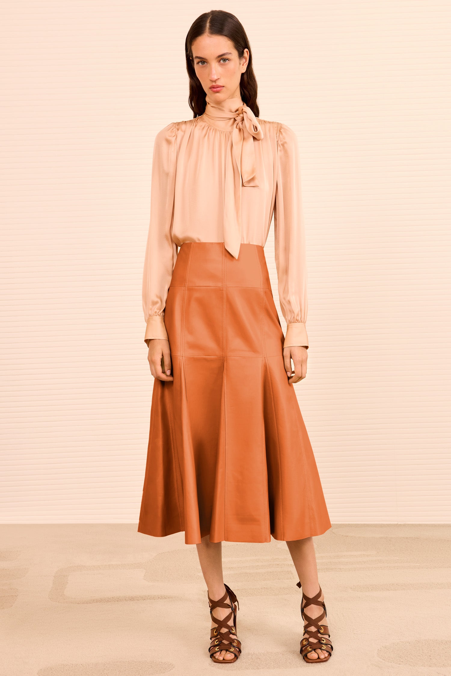 Noemi Fit and Flare Leather Skirt - Sienna High-Rise Leather Midi