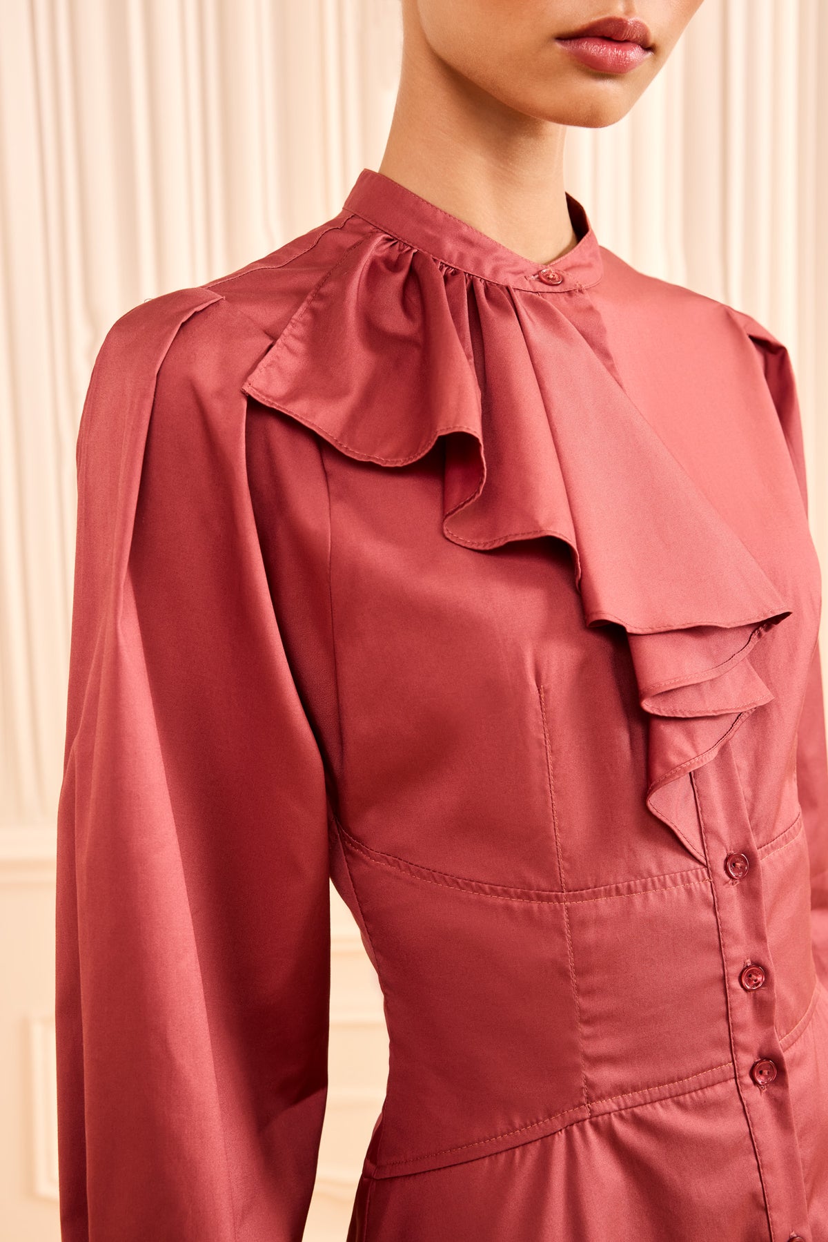 Mahogany Cotton Dress - Ruffle Bib and Bow Collar Close-Up Detail | Ulla Johnson