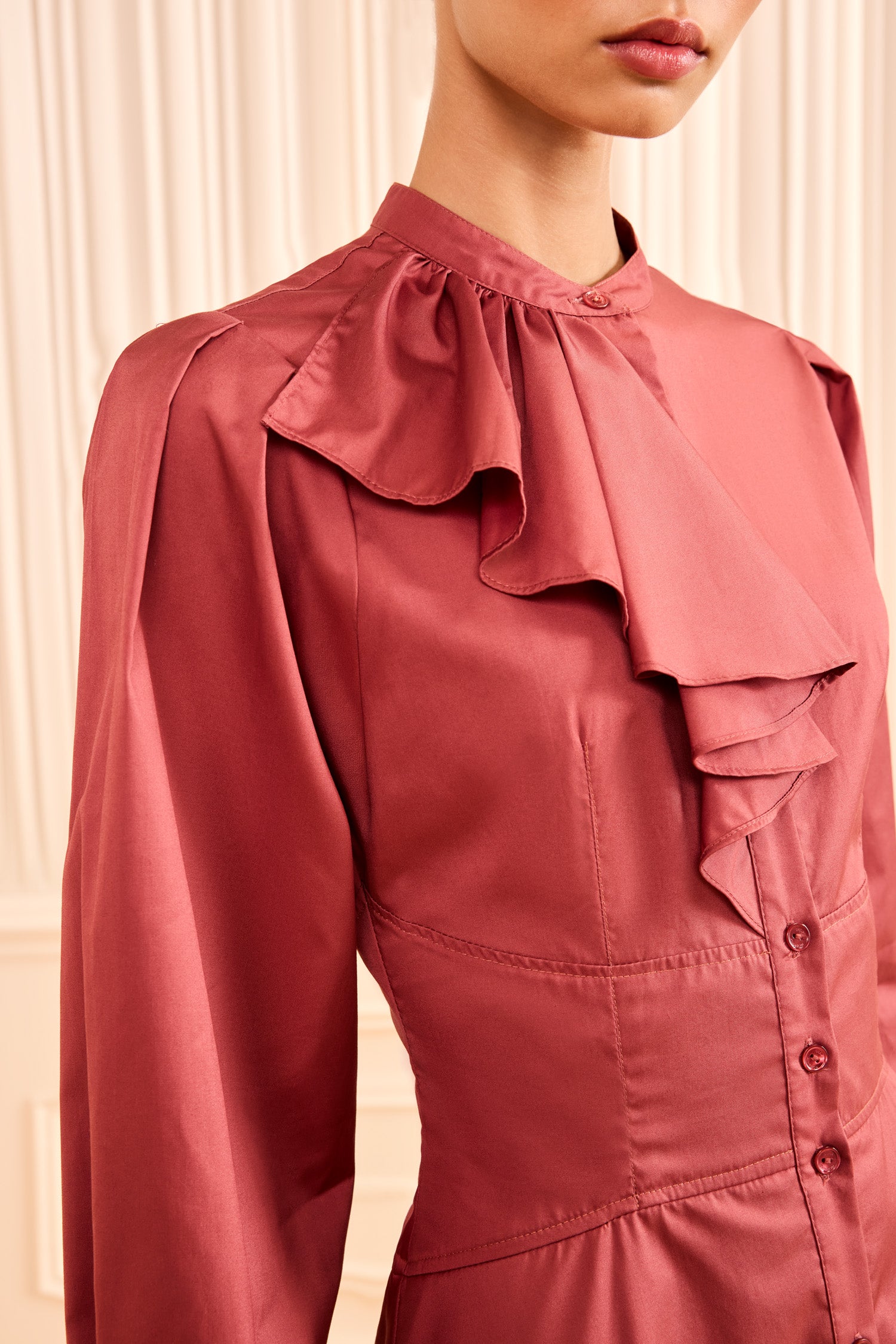 Ulla Johnson Mahogany Cotton Dress - Ruffle Bib and Bow Collar Close-Up Detail | Ulla Johnson