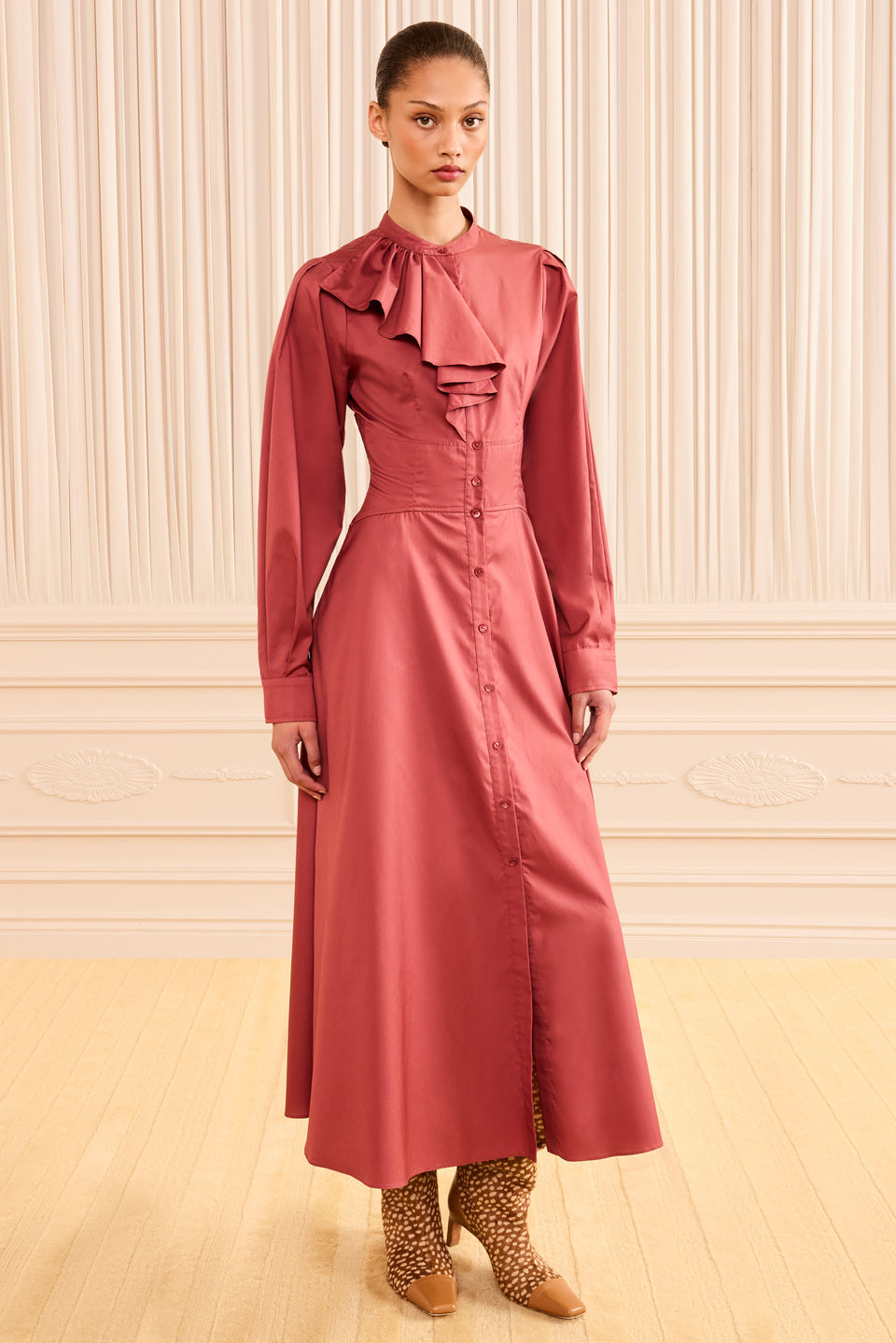 Mahogany Cotton Poplin Midi Dress - Front Full-Length On-Model View | Ulla Johnson