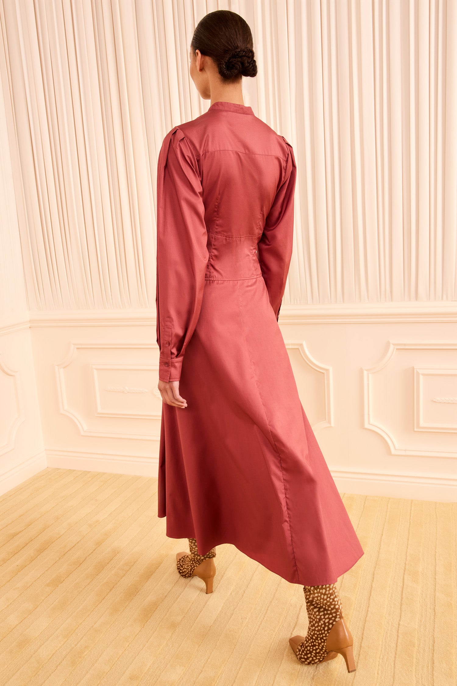 Ulla Johnson Mahogany Luxury Cotton Midi Dress - Back View On-Model | Ulla Johnson