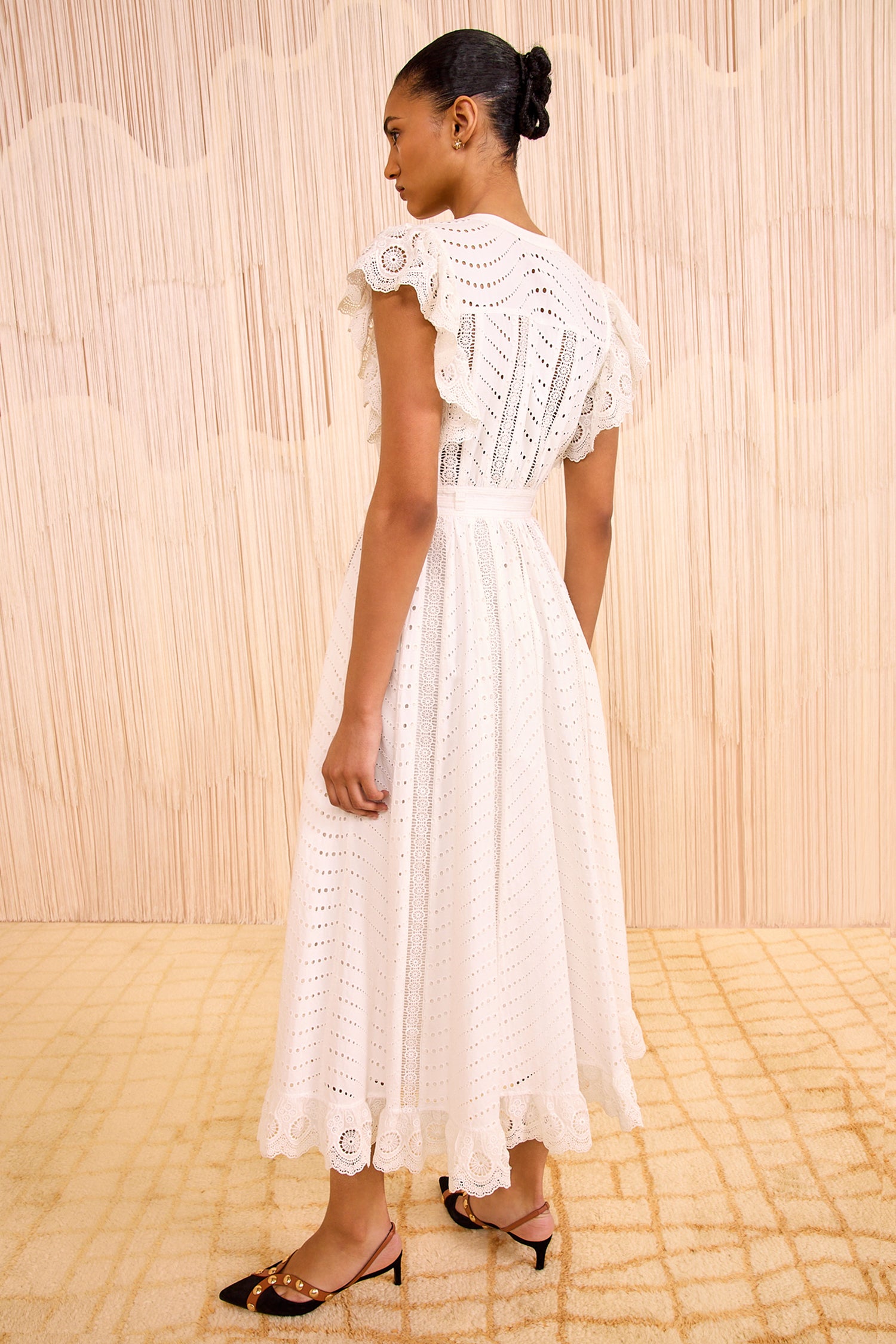 Olga Flutter Sleeve Midi Dress - Pristine Eyelet Lace Poplin