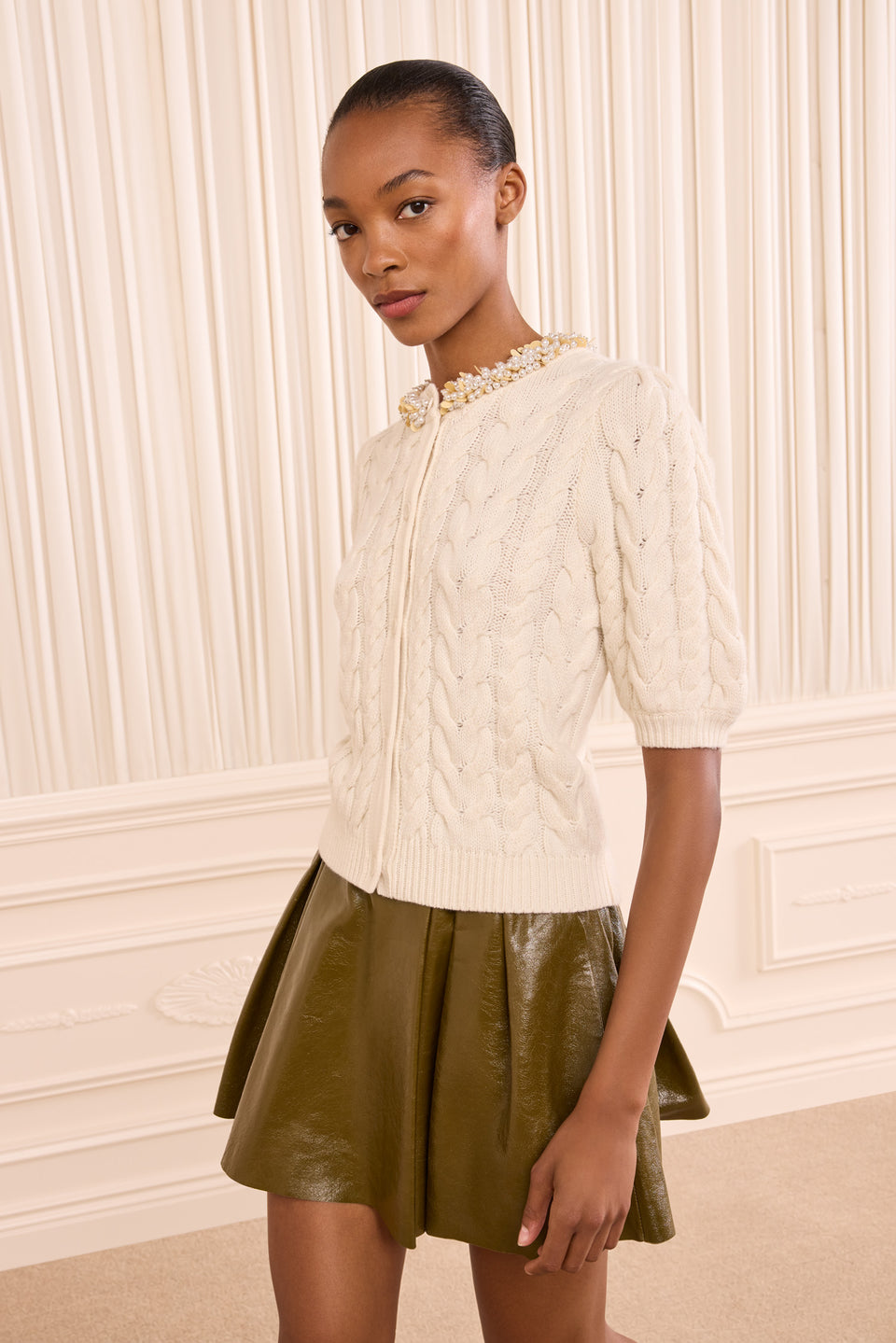 Olivia Short Sleeve Knit Cardigan with Embellishme - Pearl