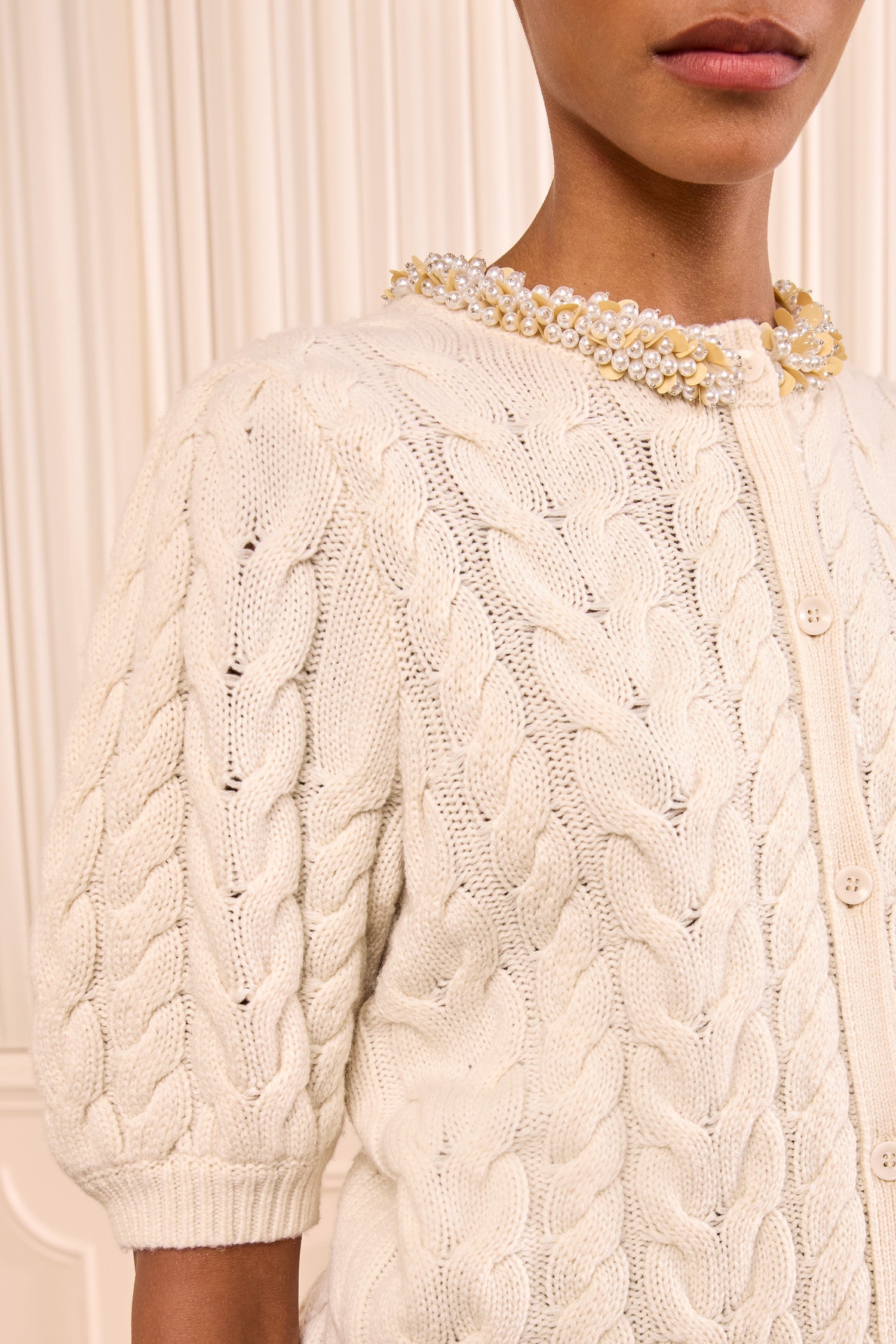 Ulla Johnson Olivia Short Sleeve Knit Cardigan with Embellishme - Pearl