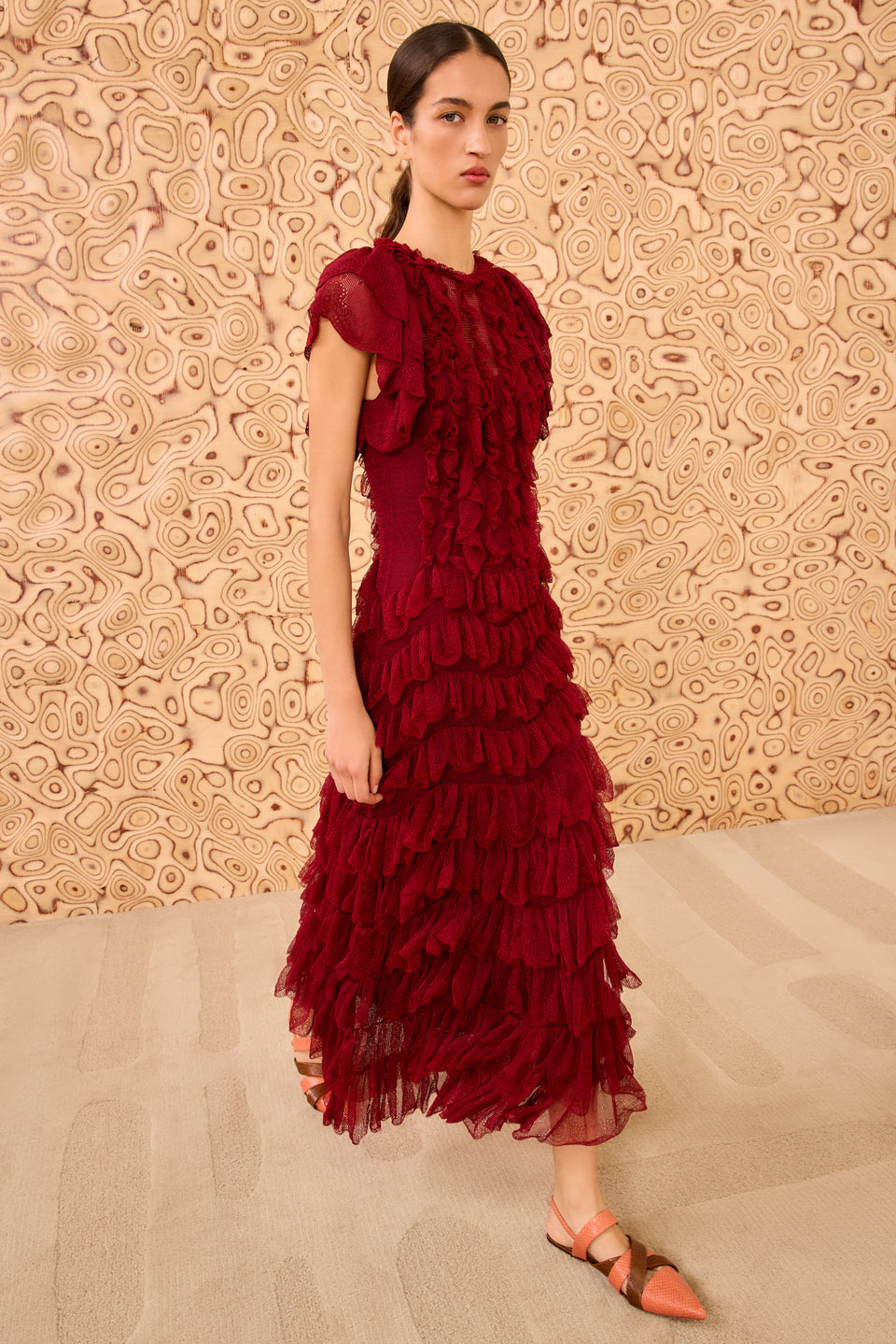 Ondine Ruffle Midi Dress - Claret