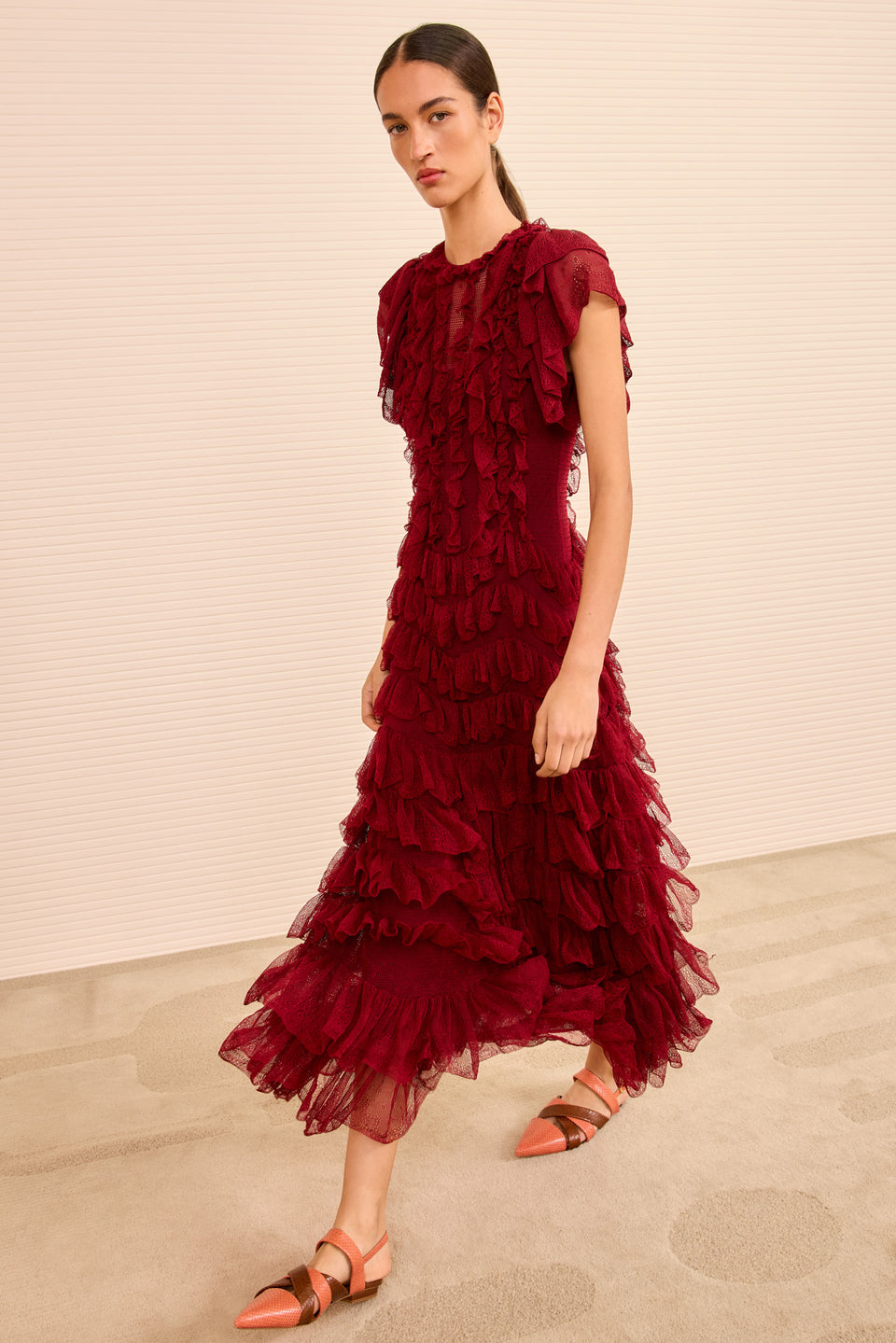 Ondine Ruffle Midi Dress - Claret