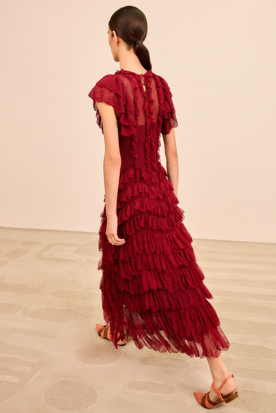 Ondine Ruffle Midi Dress - Claret