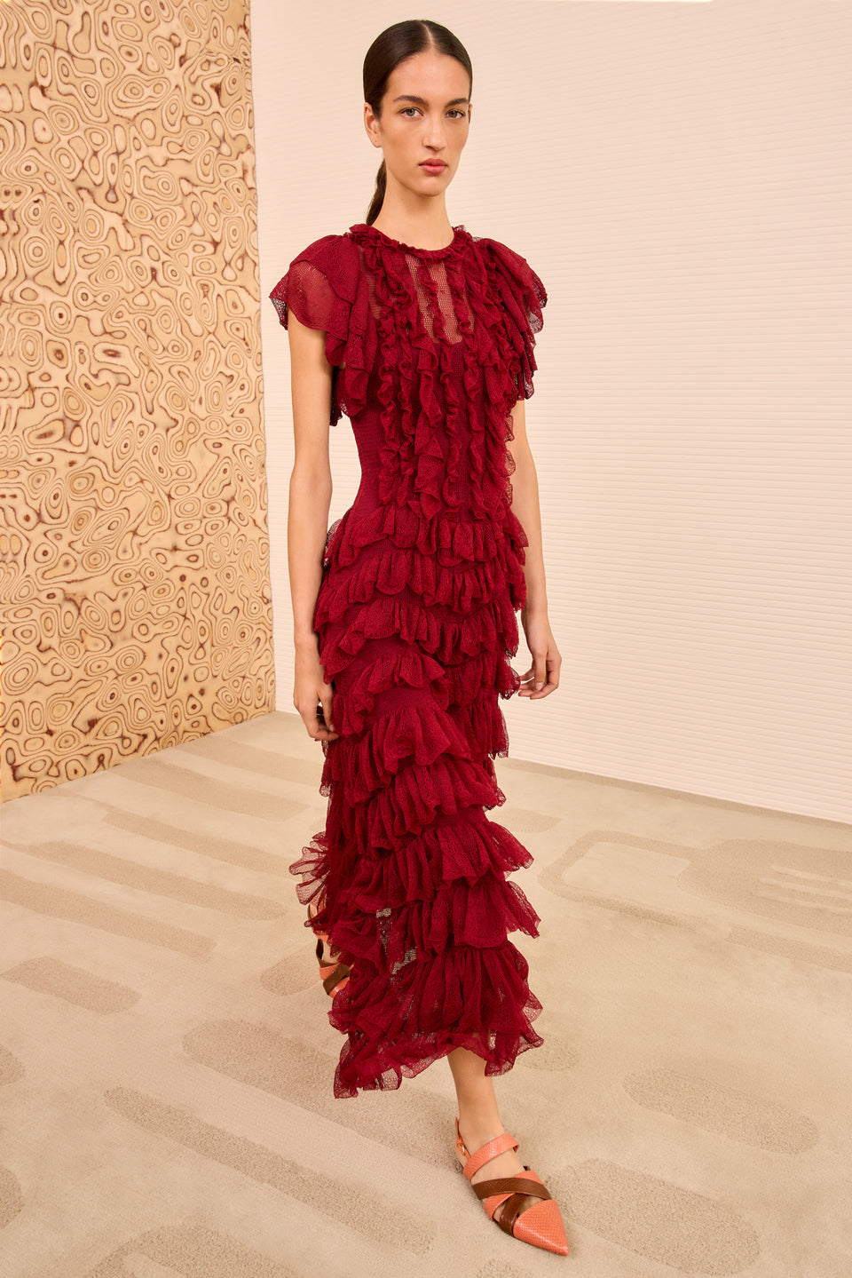 Ondine Ruffle Midi Dress - Claret