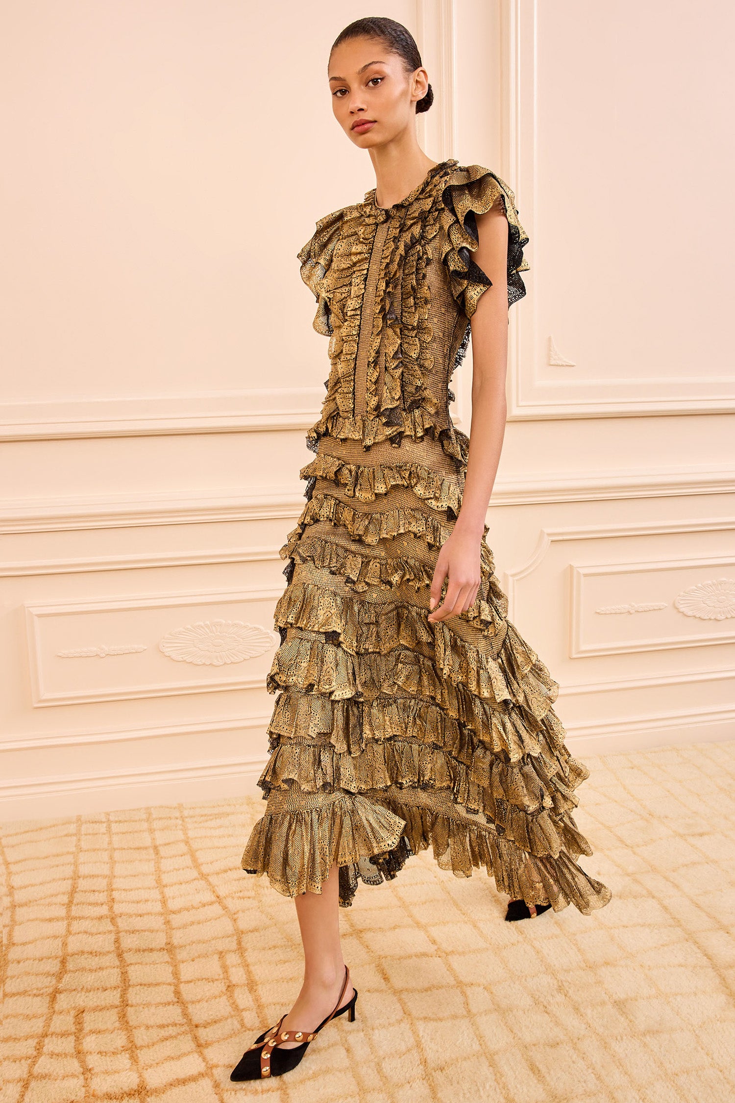 Ondine Ruffle Midi Dress - Gold Foil