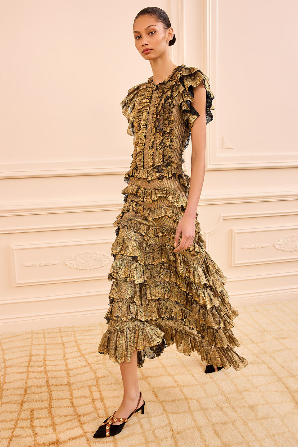 Ondine Ruffle Midi Dress - Gold Foil