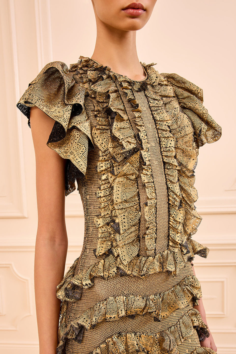 Ondine Ruffle Midi Dress - Gold Foil