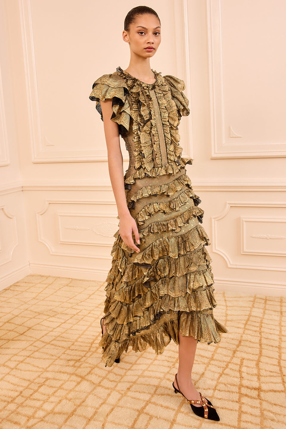 Ondine Ruffle Midi Dress - Gold Foil