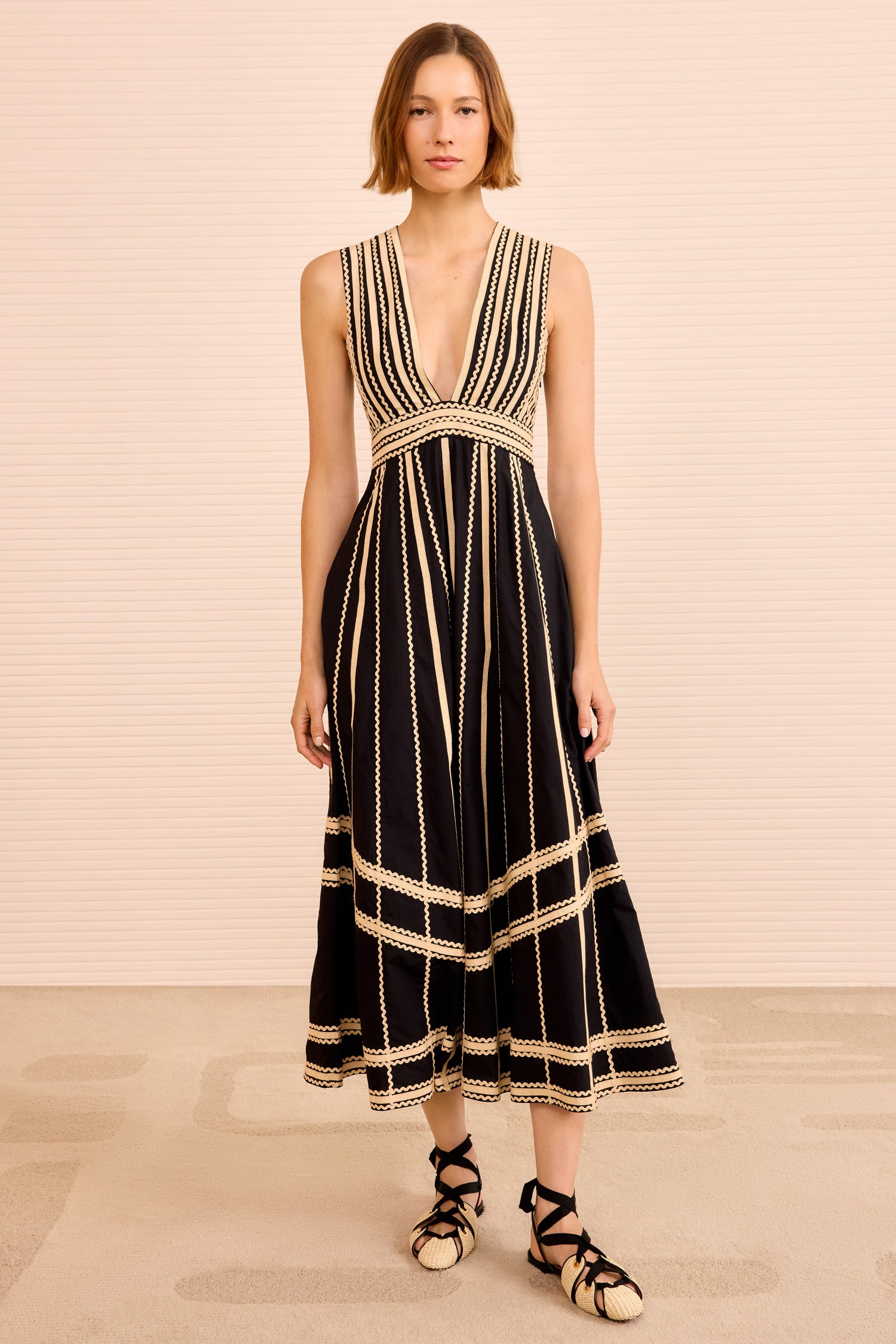 Palermo Deep V Midi Dress - Noir Black Cotton Sleeveless A-Line