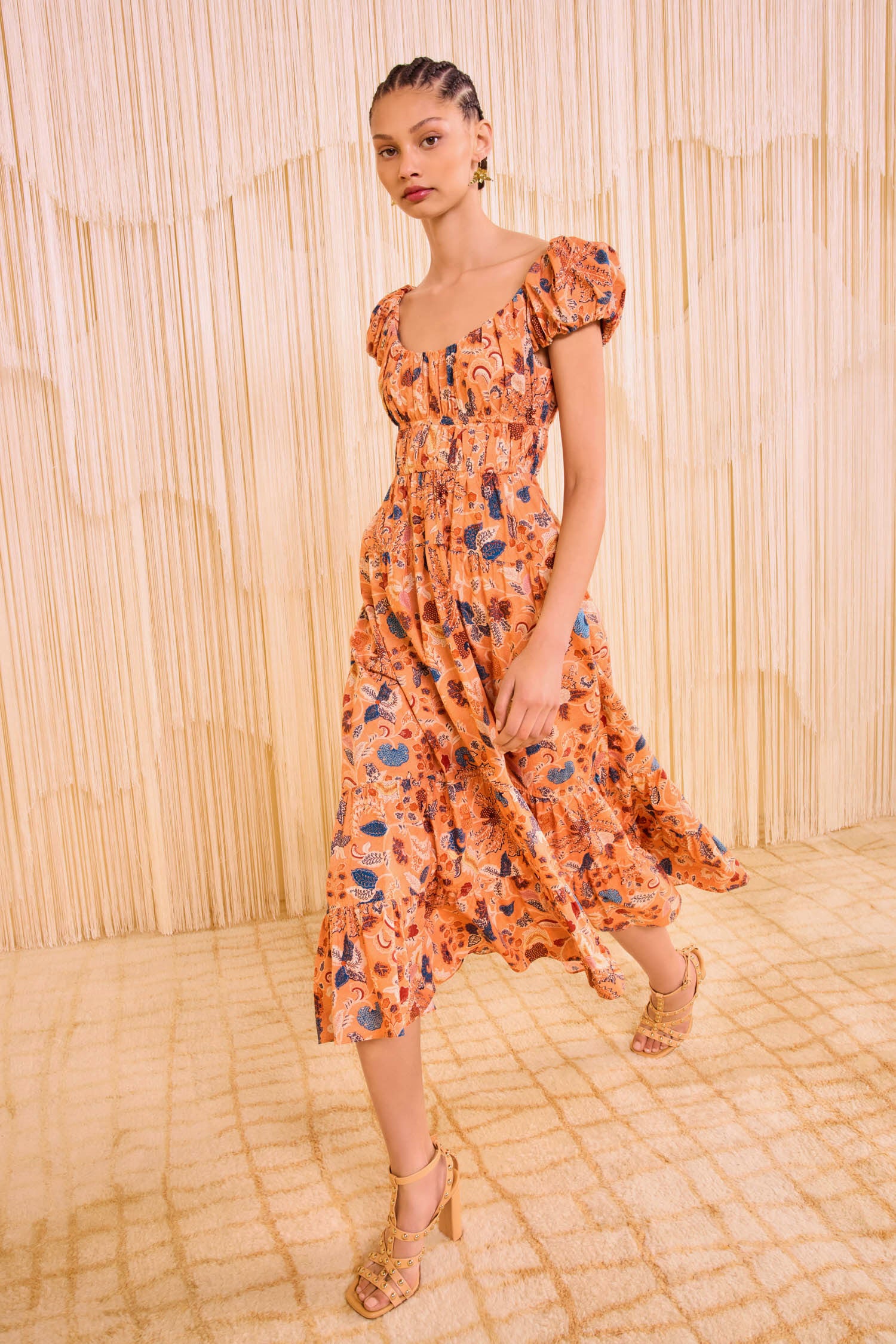 Paloma Cap Sleeve Midi Dress Coral Peony Floral Botanical Print