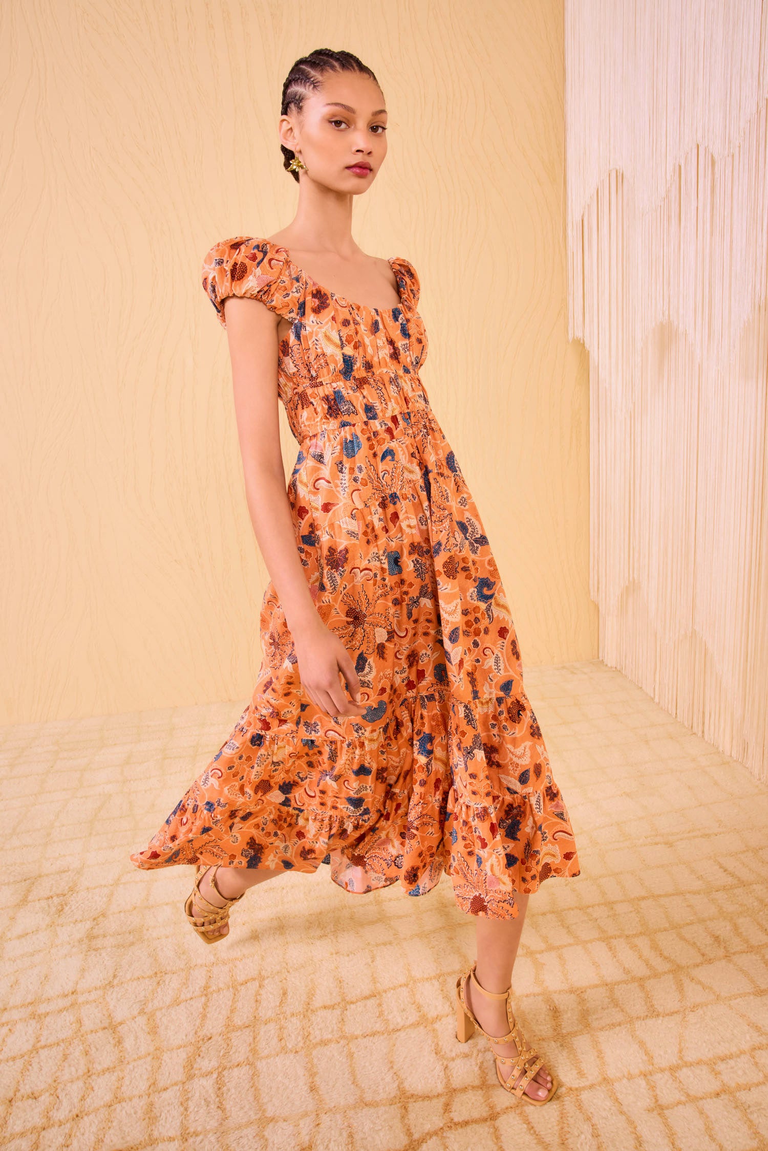 Paloma Cap Sleeve Midi Dress - Coral Peony