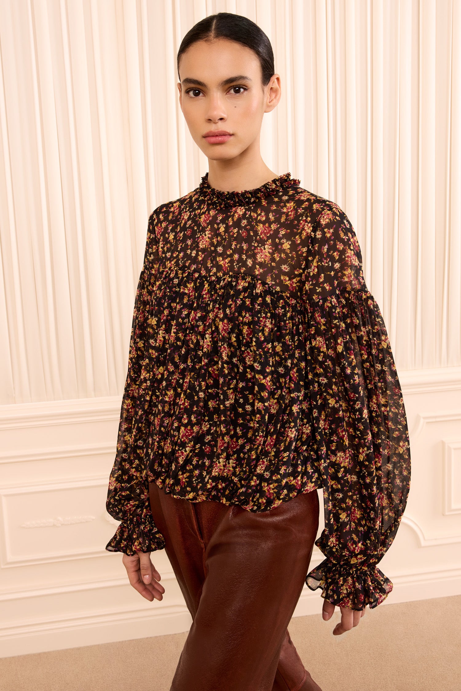Pearl Long Sleeve Silk Blouse Noir Mille Fleur
