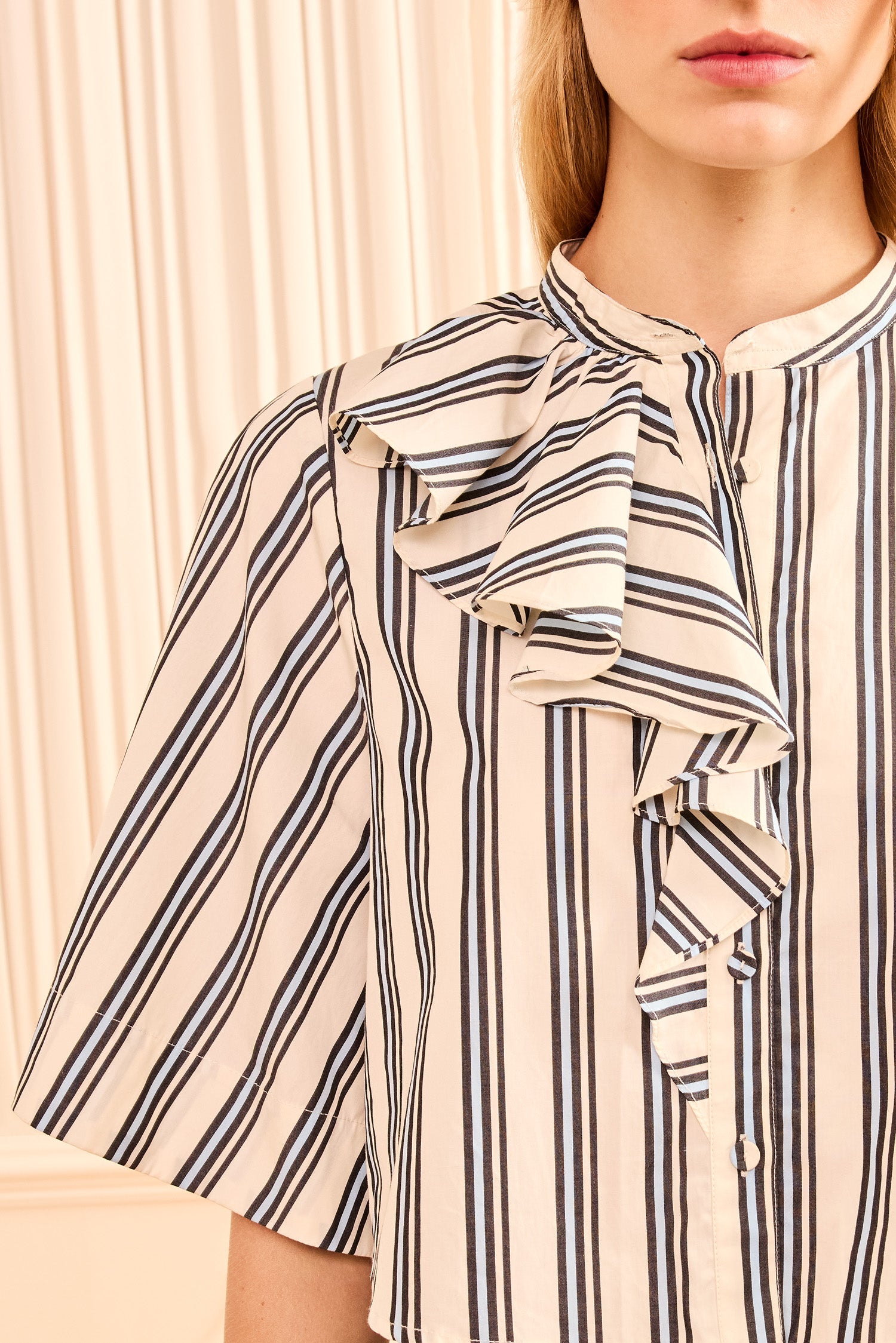 Ulla Johnson Ecru Stripe Cotton Poplin Blouse - Ruffle Front Detail Close-Up | Ulla Johnson