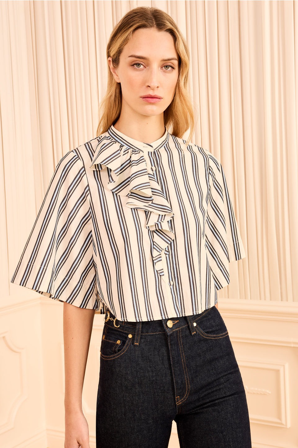 Ecru Stripe Designer Cotton Blouse - Front On Model Cropped View | Ulla Johnson