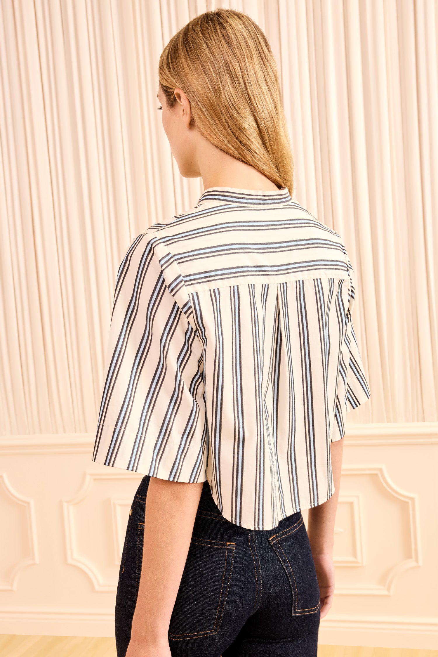 Ulla Johnson Ecru Stripe Cotton Poplin Blouse - Back View On Model | Ulla Johnson