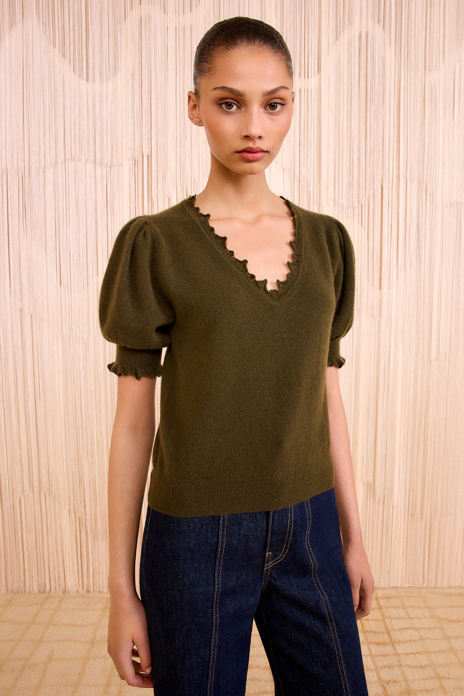 Polline Short Sleeve Top - Hunter Soft Cashmere Frill Top