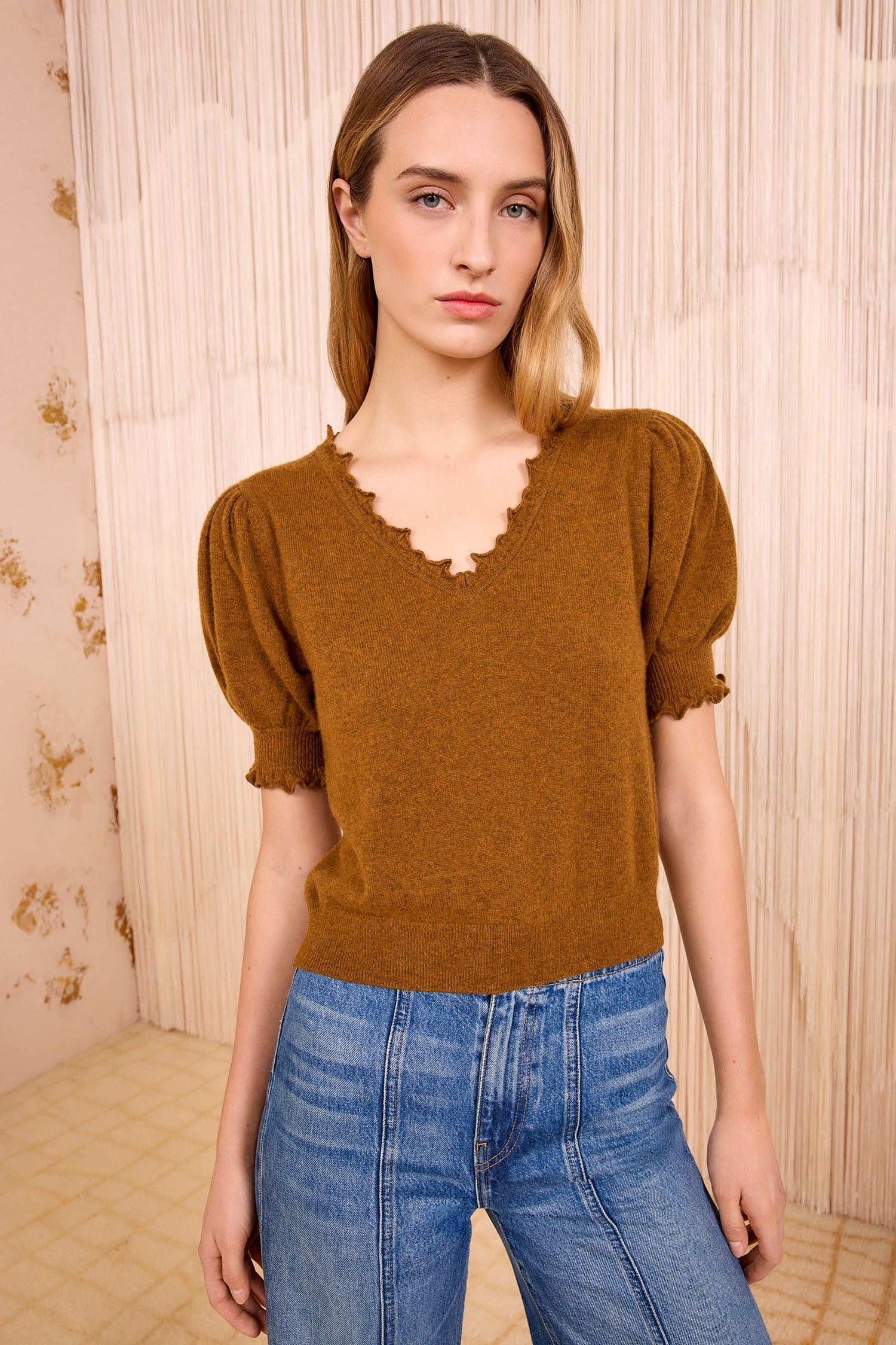 Polline Short Sleeve Top - Umber Soft Cashmere Frill Top - Ulla
