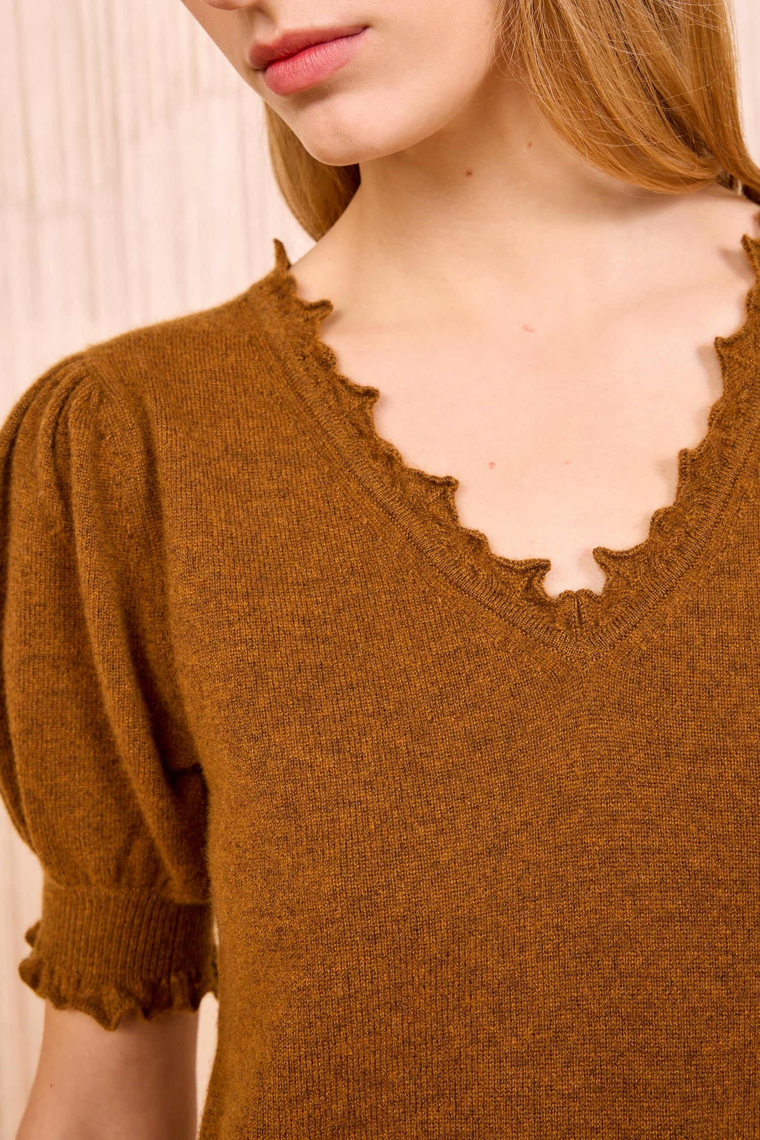 Polline Short Sleeve Top - Umber Soft Cashmere Frill Top - Ulla