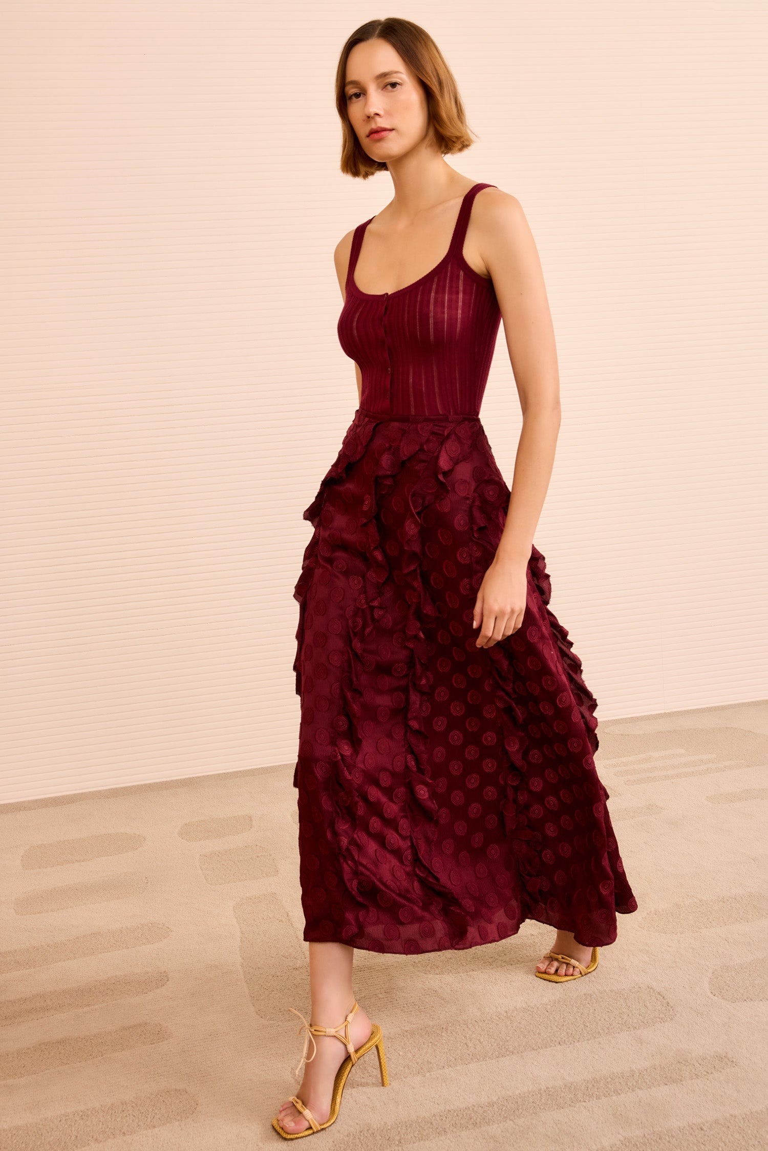 Poppy Cascading Ruffle Midi Skirt - Claret Red Polka Dot Chiffon A  display picture 1