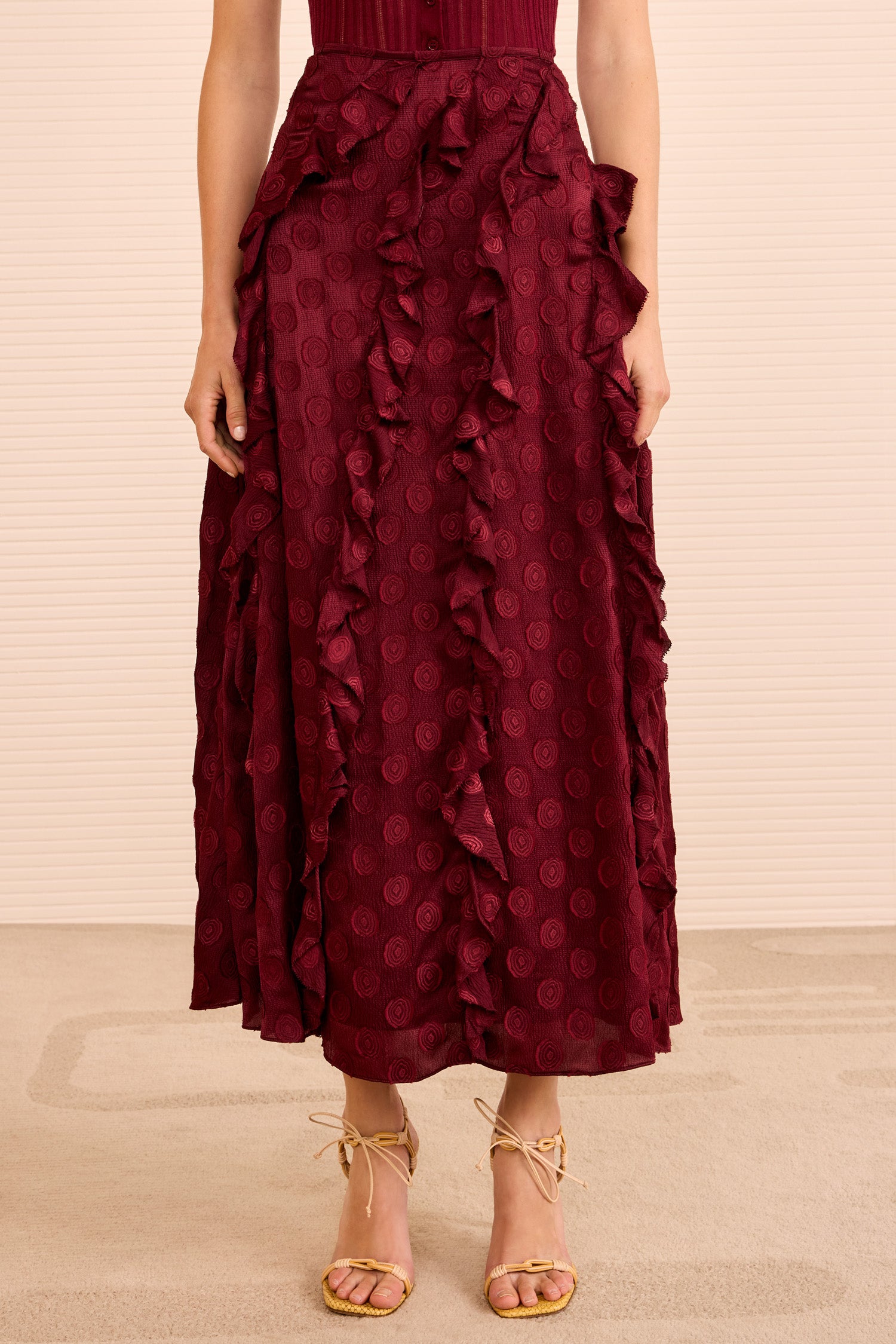 Poppy Cascading Ruffle Midi Skirt - Claret