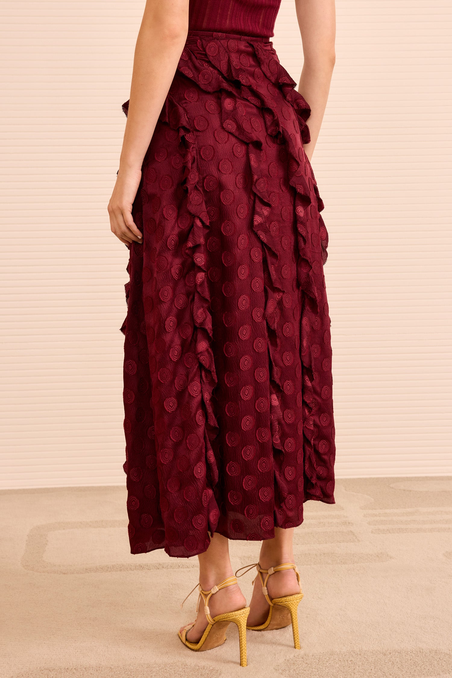 Poppy Cascading Ruffle Midi Skirt - Claret