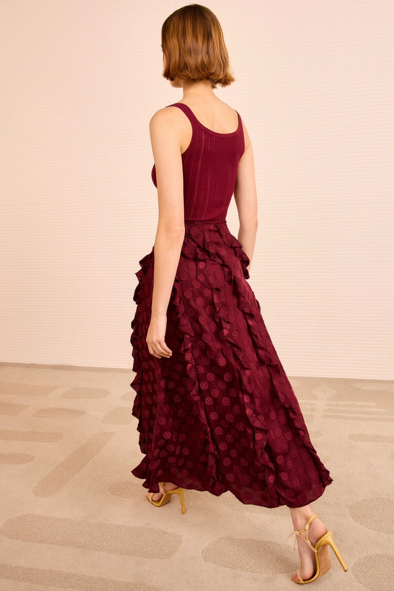 Poppy Cascading Ruffle Midi Skirt - Claret