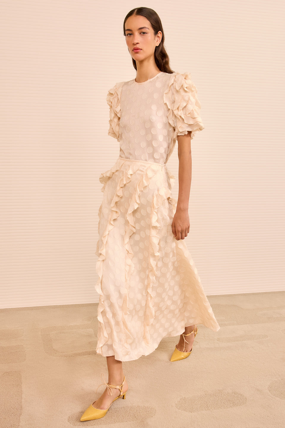 Poppy Cascading Ruffle Midi Skirt - Conch