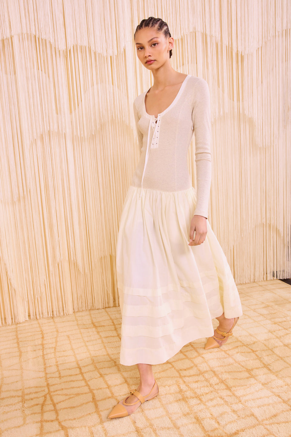 Quincy Drop Waist Long Sleeve Dress - Ivory Melange