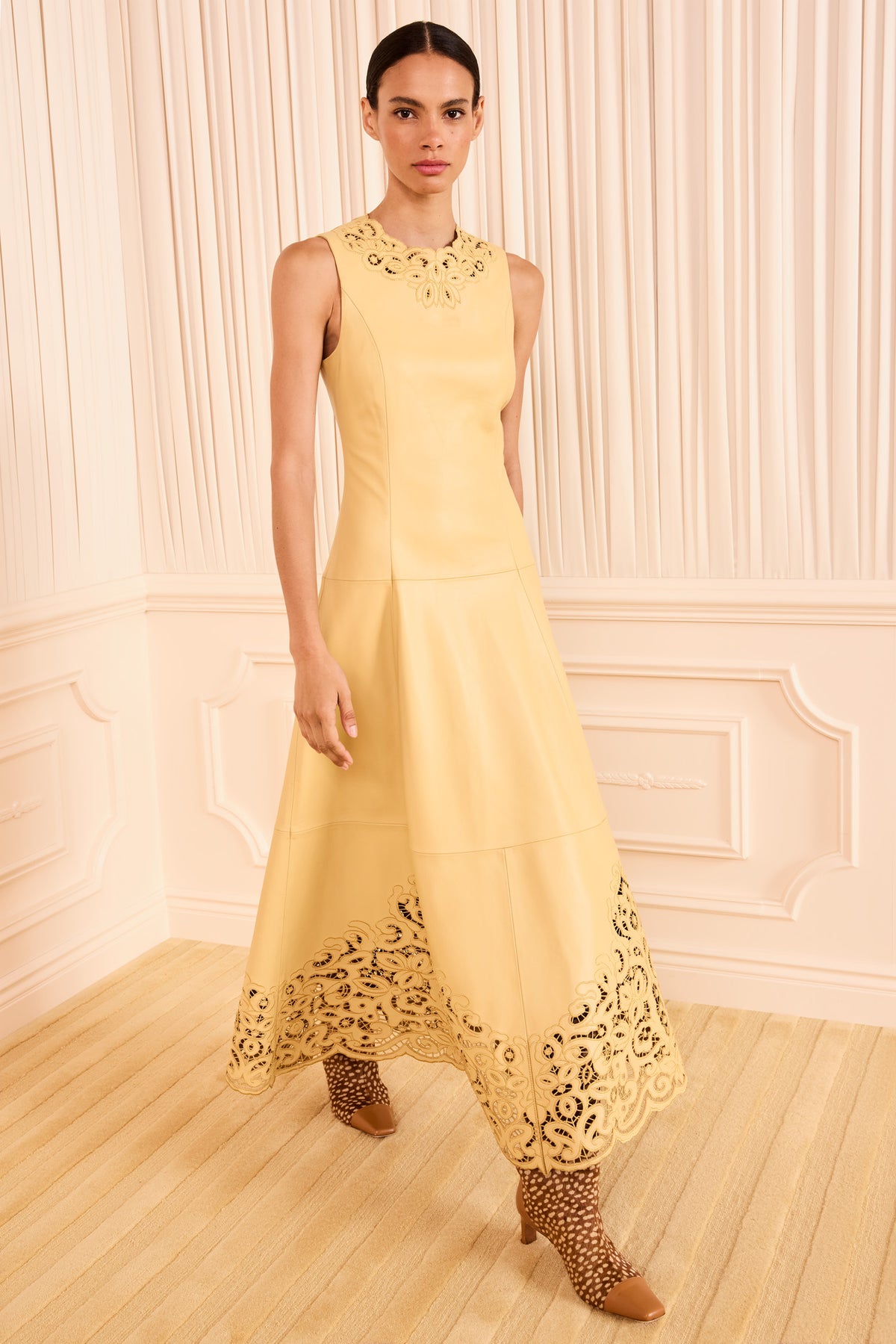 Butter Nappa Leather Midi Dress, Front View, Lace Embroidered Neckline | Ulla Johnson