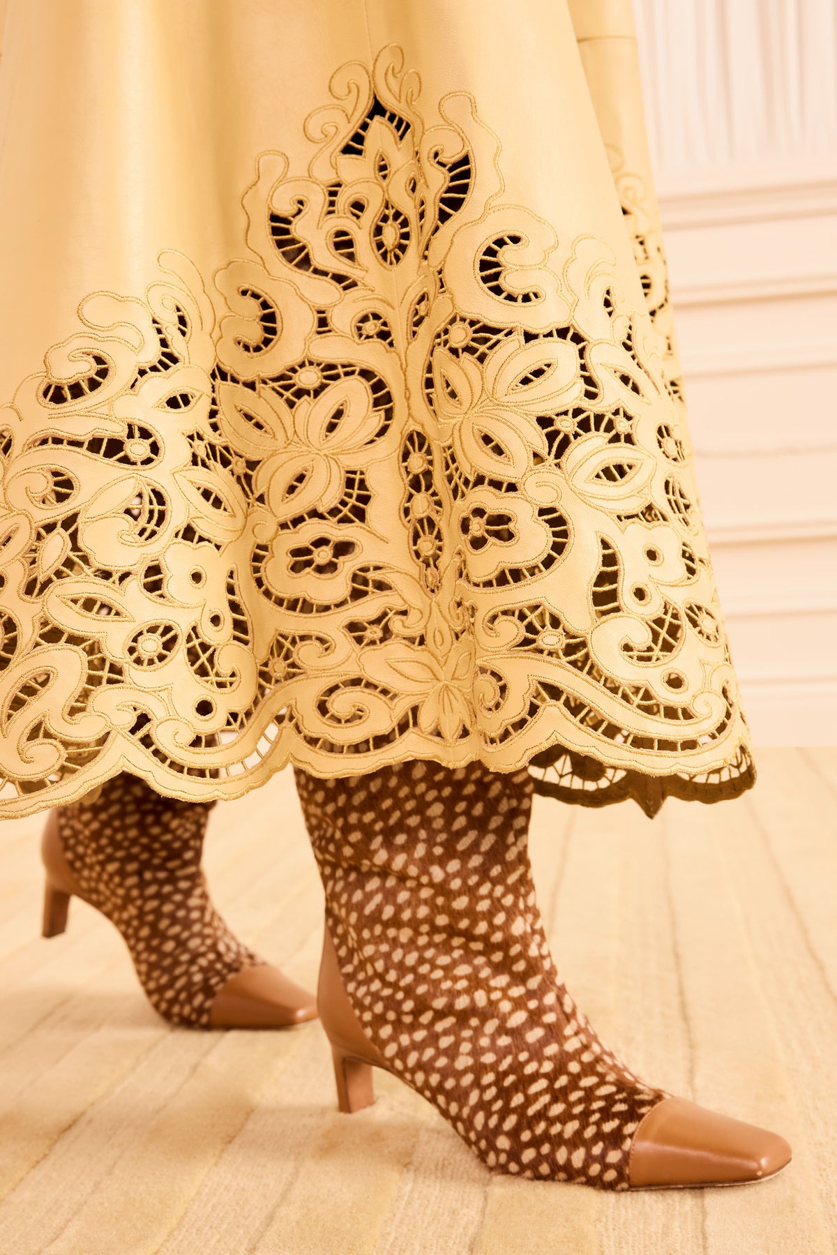 Butter Leather Dress - Skirt Hem Cutwork Embroidery Detail, Close-Up | Ulla Johnson