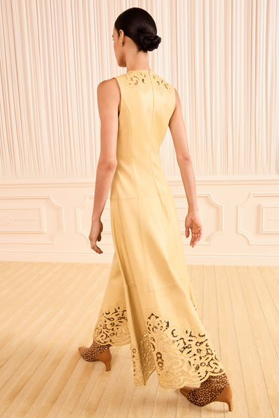 Butter Lambskin Leather Midi Dress - Back View, Cutwork Hem Detail | Ulla Johnson