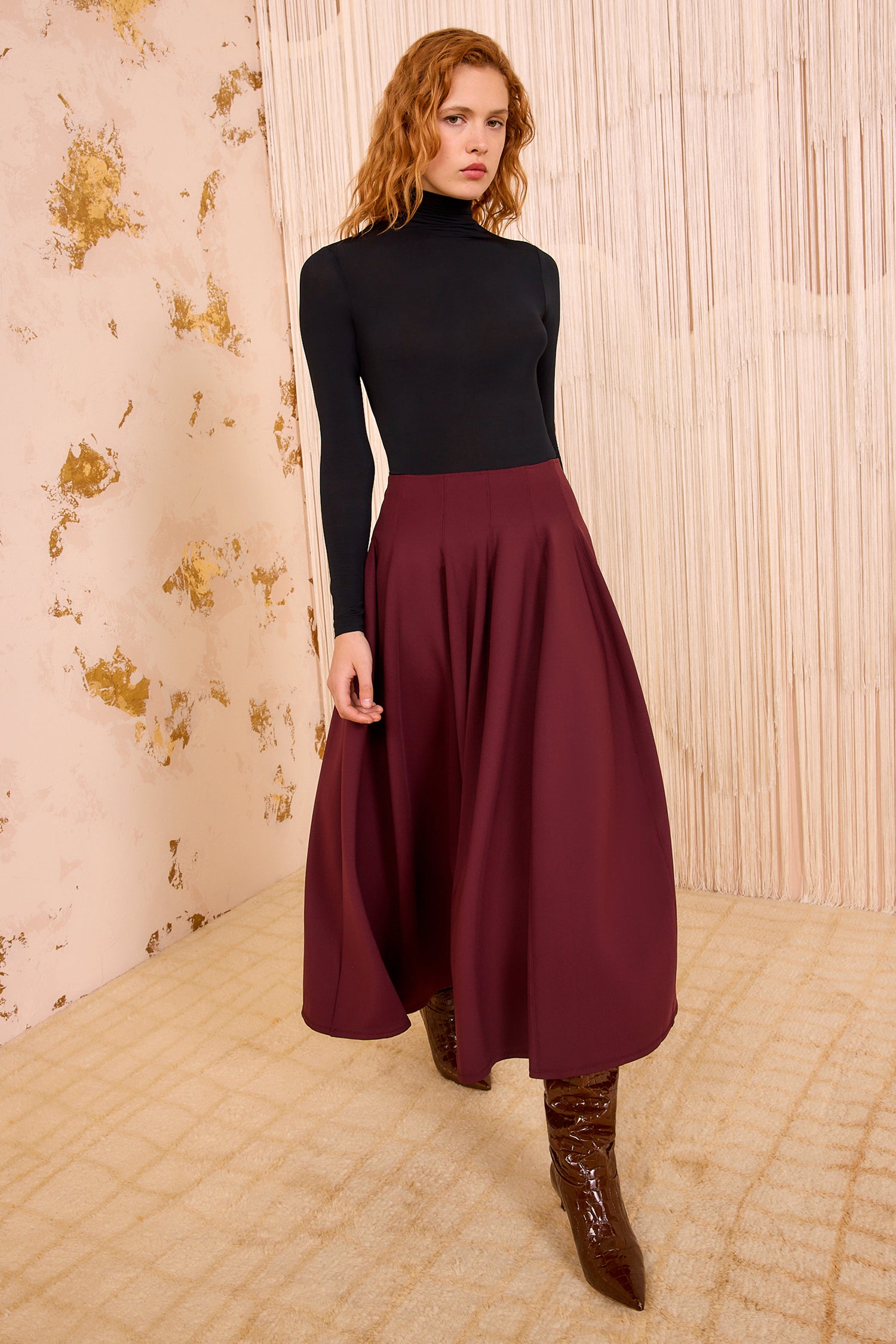 Rea High Waist Midi Skirt Mahogany Mahogany Pleated Flare Skirt