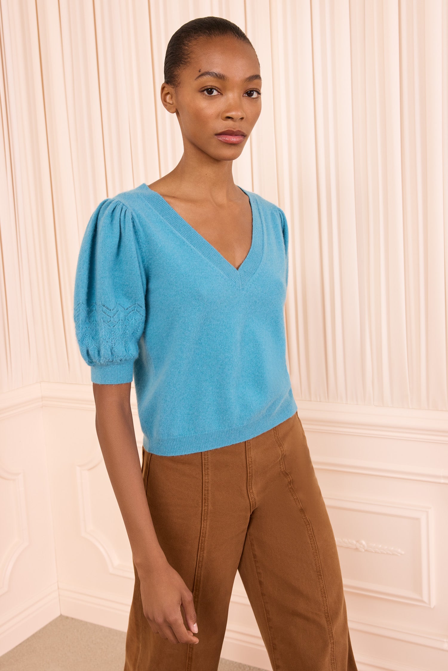 Reina Puff Cashmere Top - Cerulean