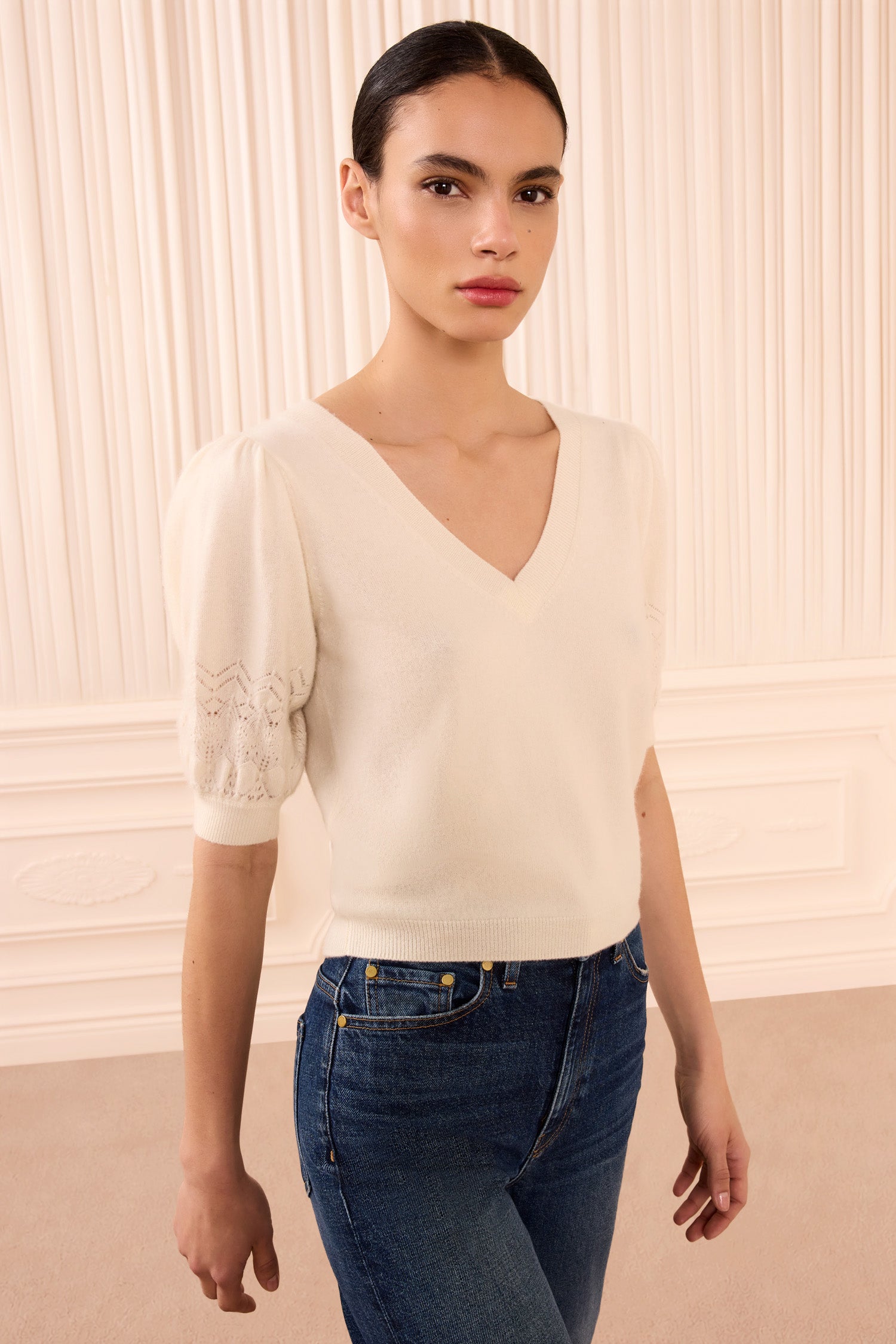 Reina Puff Cashmere Top - Pearl