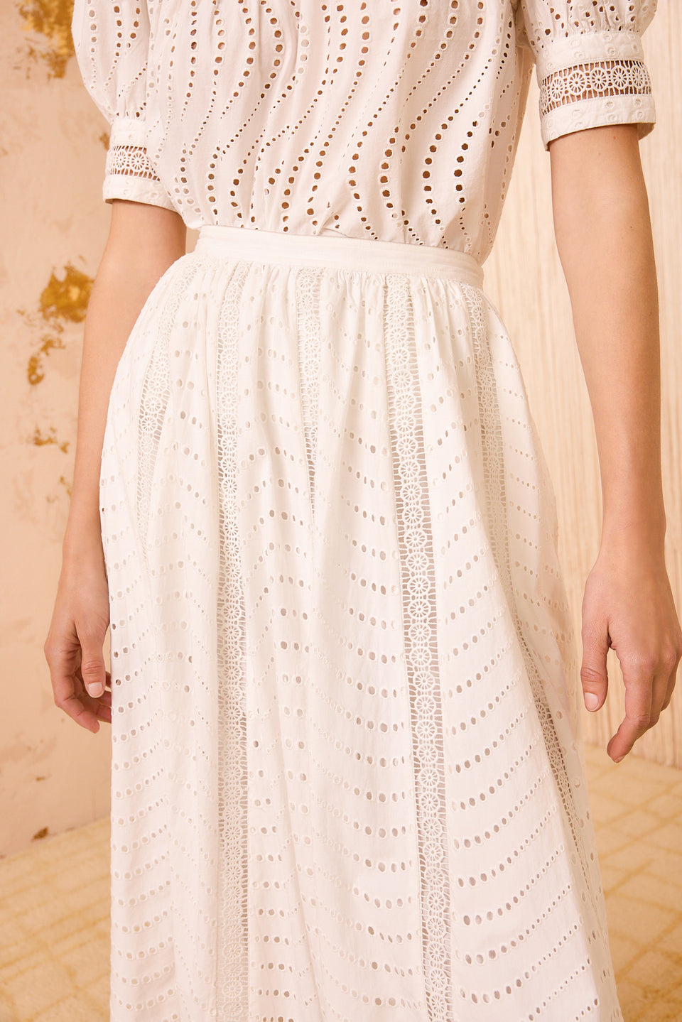 Ren High Waist Lace Trim Midi Skirt - Pristine
