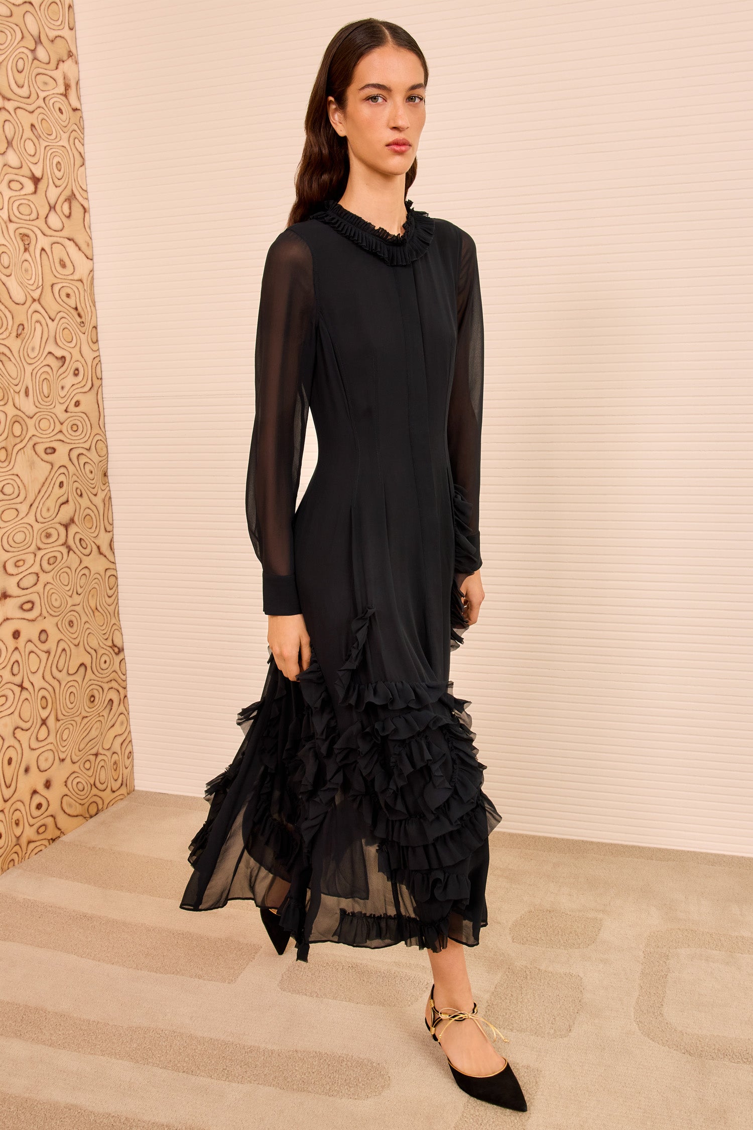 Rhea Shirt Dress with Ruffle Skirt - Noir Black Chiffon Long Sleeve Midi  Dress