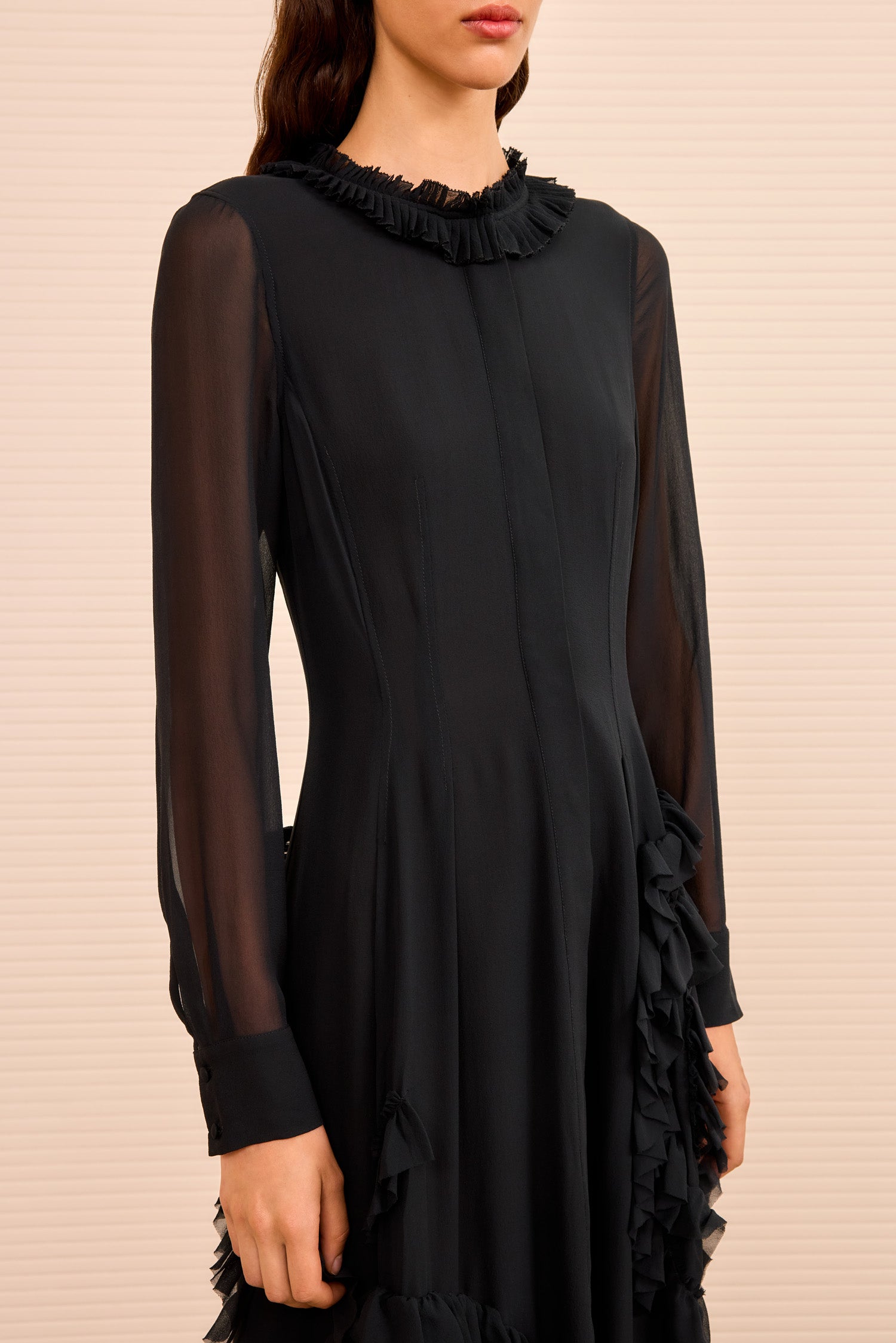 Rhea Shirt Dress with Ruffle Skirt - Noir Black Chiffon Long