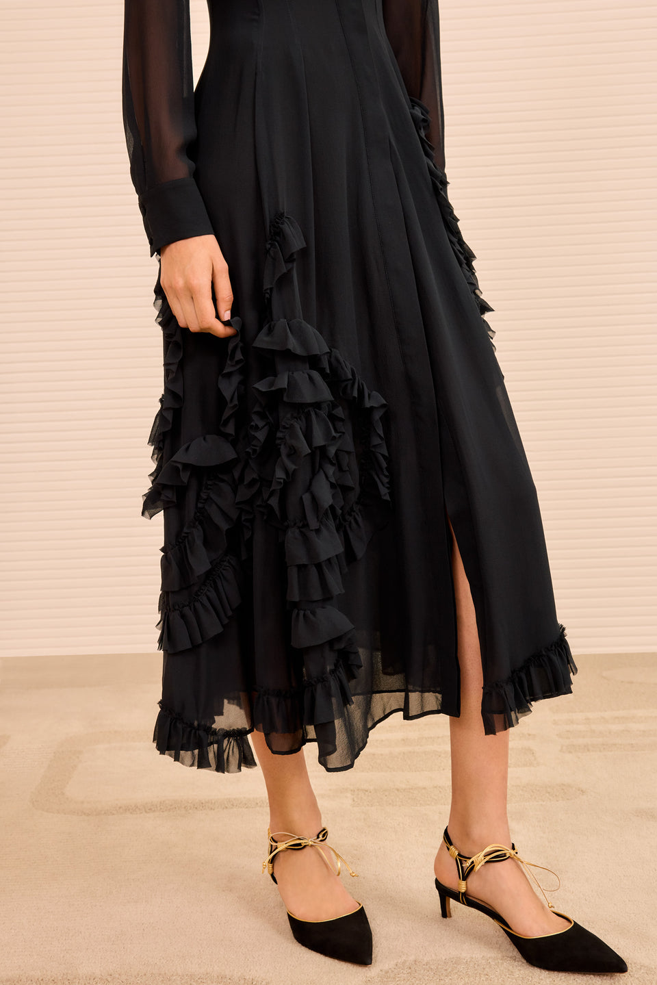 Rhea LS Shirt dress w/ Ruffle Skirt - Noir