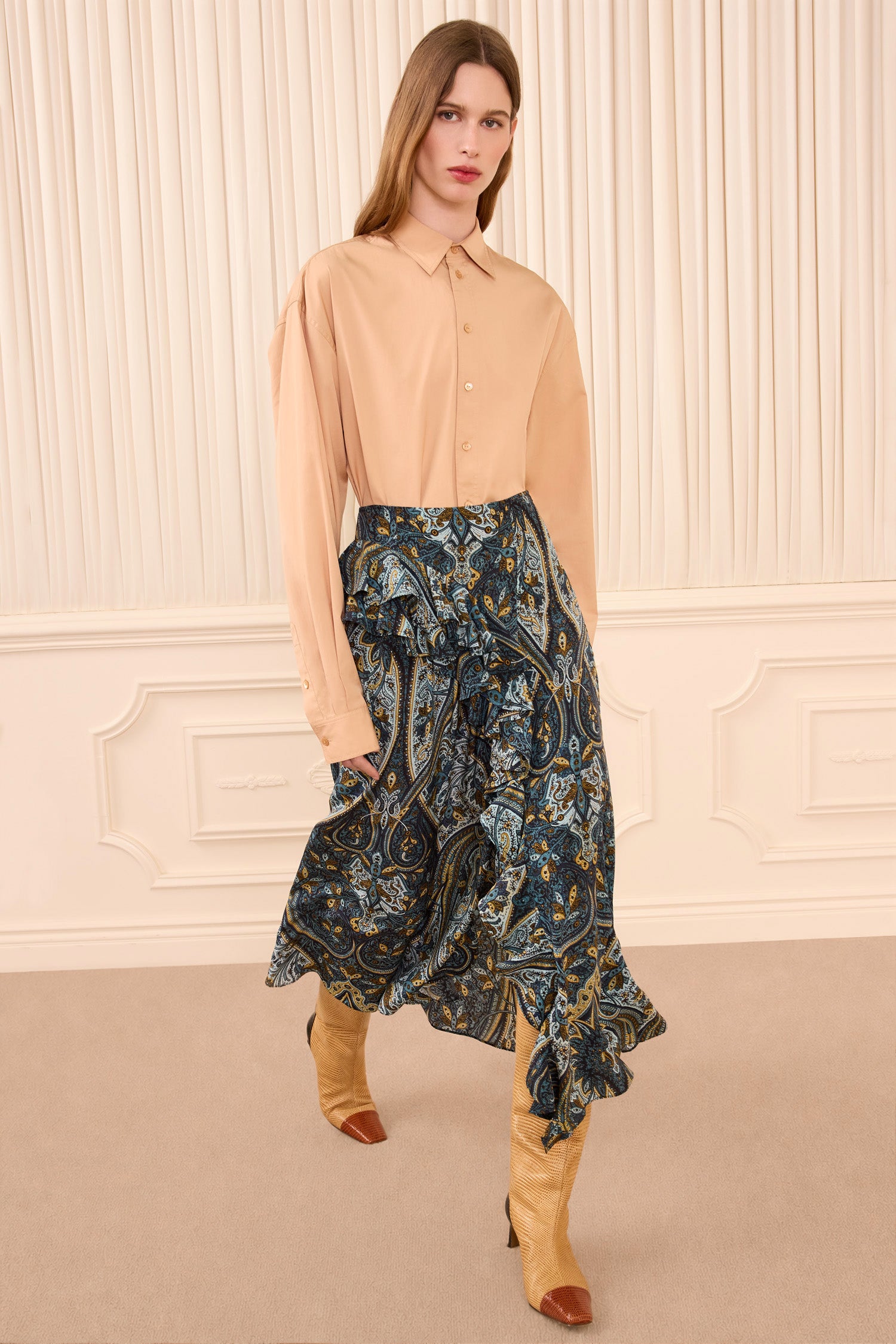 Riele Cascading Ruffle Silk Skirt - Prussian