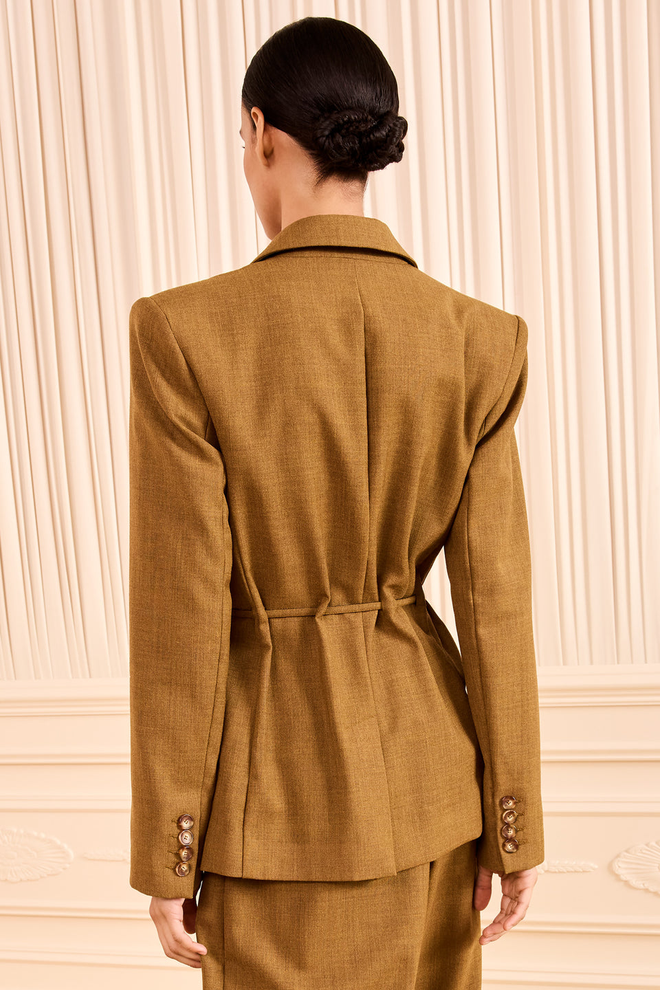Ochre Melange Wool Designer Blazer - Back View, Belted Waist Detail | Ulla Johnson